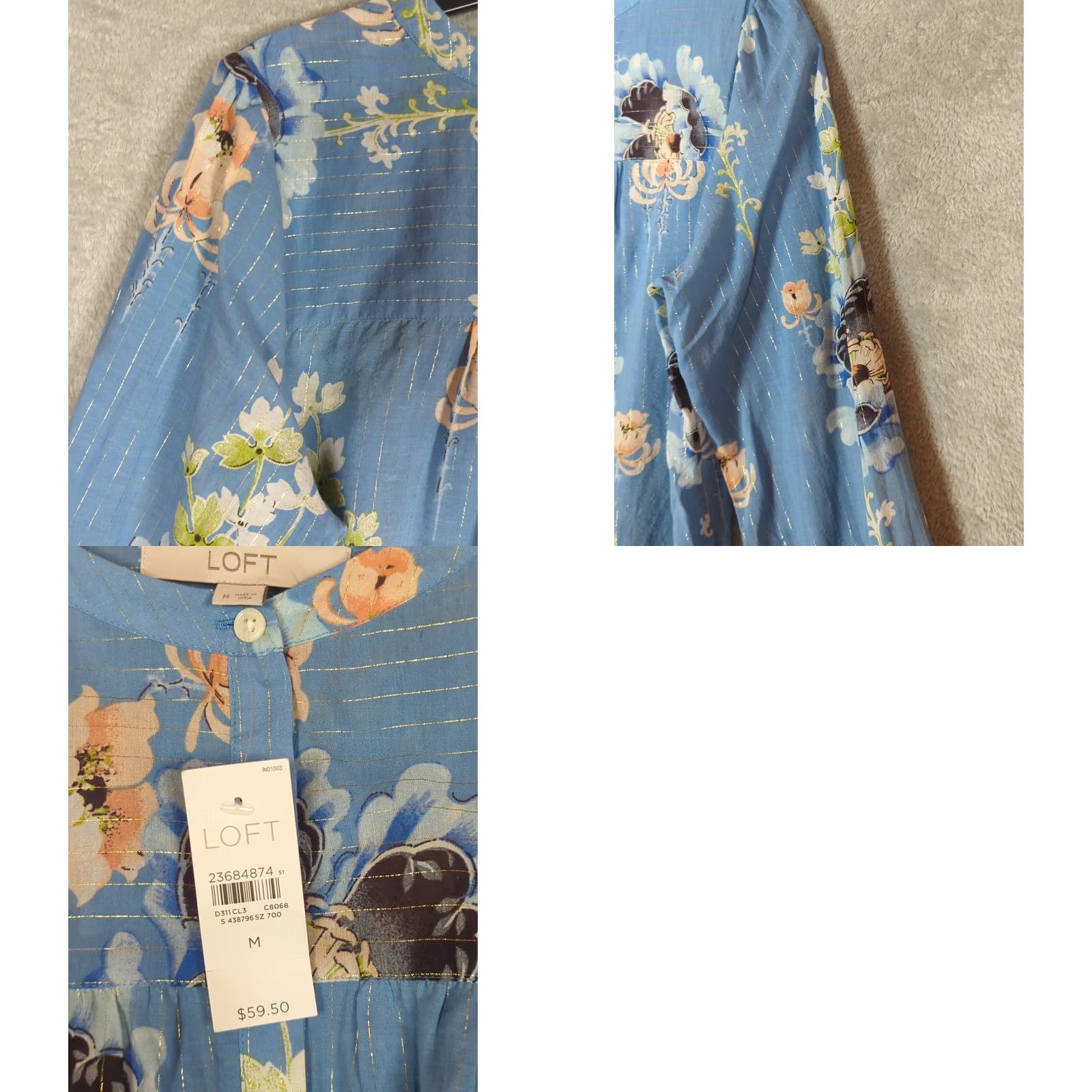 Loft VINTAGE Loft Blue Shimmer Floral blossom Blouse Tie Cuff Bell Sleeve Button Front Top M Size M / US 6-8 / IT 42-44 - 9 Thumbnail