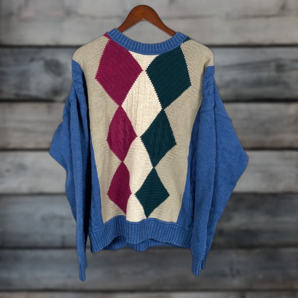 Vintage VINTAGE New Yorker Diamond Pattern Sweater Men XL Blue Beige Crew Neck 80s 90s Preppy Chunky Knit Pullover Relaxed Fit Knit Cotton Sweater Size US XL / EU 56 / 4 - 1 Thumbnail