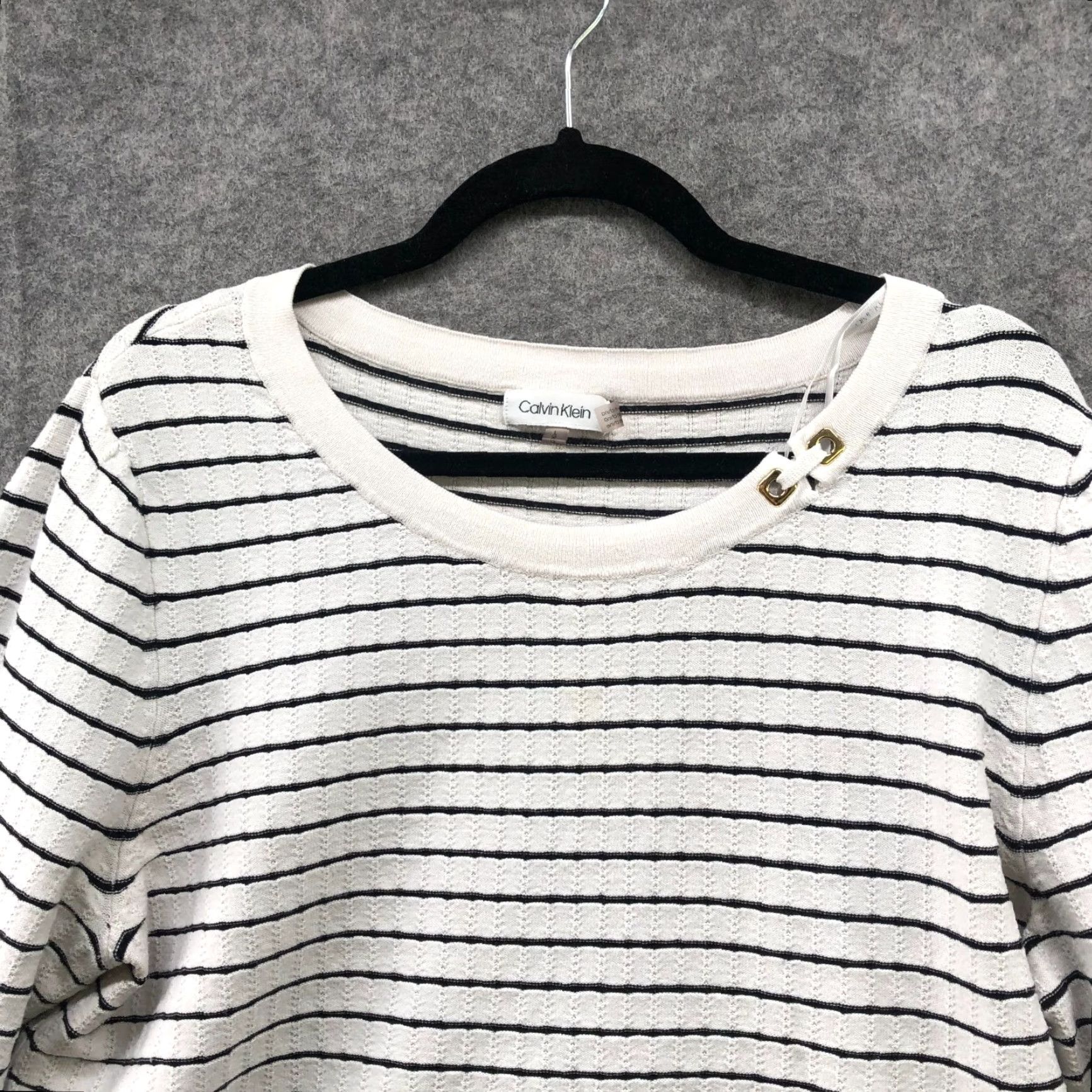 Calvin Klein Calvin Klein Crewneck Sweater Womens L White Black Stripe Stretch Lightweight Pullover Knit Casual Winter Fall Crew Neck Regular Fit Size L / US 10 / IT 46 - 3 Thumbnail