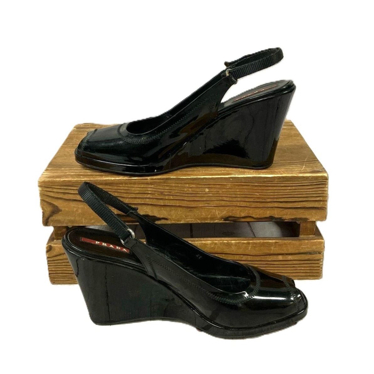 Prada Prada Black Sport Patent Leather Peep Toe Slingback Heels 41 Size US 10.5 / IT 40.5 - 12 Thumbnail