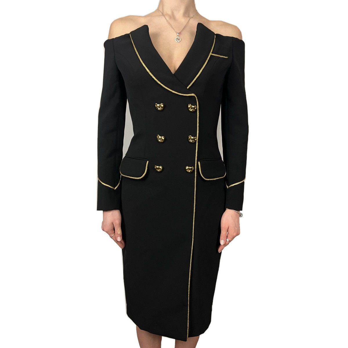 image of Moschino Teddy Bear Buttoned Shoulder Blazer Dress in Black, Women's (Size Small)