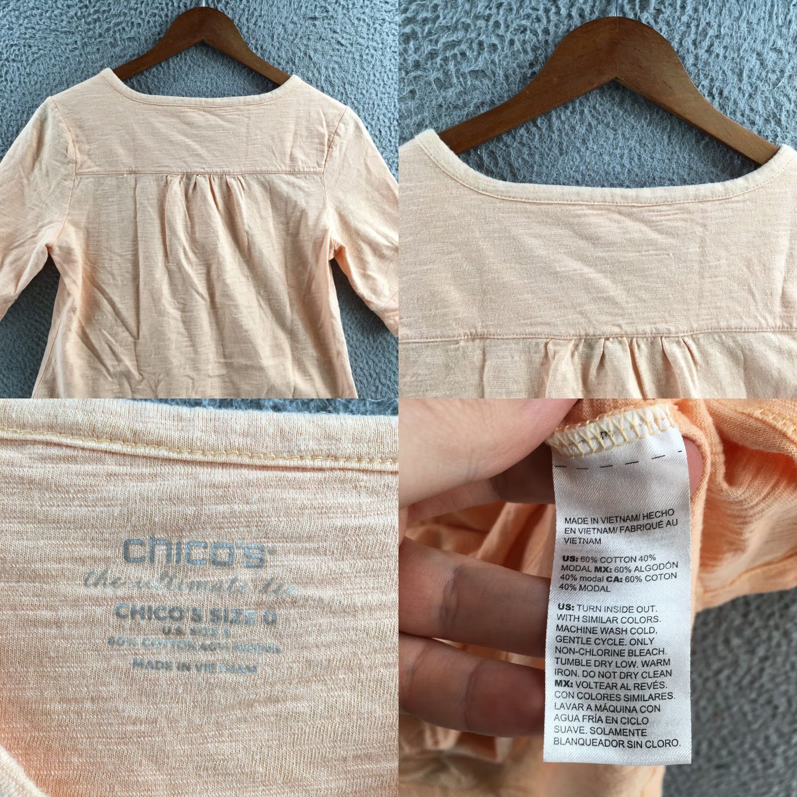 Vintage Chico’s Womens Peach V-Neck Henley Top 3/4 Roll Tab Sleeves Tee Shirt 0 Casual Size XS / US 0-2 / IT 36-38 - 8 Thumbnail