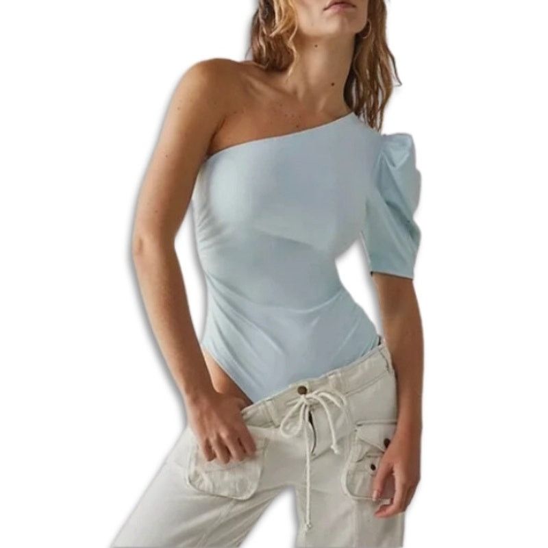 Free People Free People Bodysuit Puff Sleeves One Shoulder Blue W L NWOT Size L / US 10 / IT 46 - 1 Thumbnail