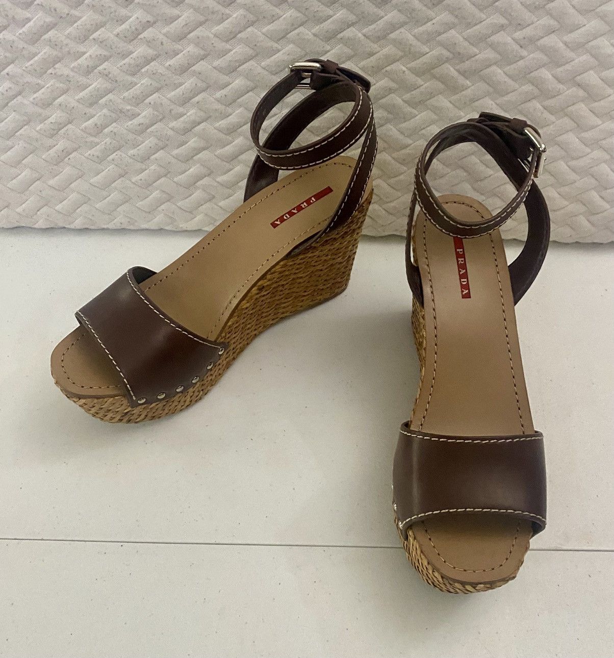 Prada Prada Brown Leather Wicker Wedge Sandals 3XZ175 10 US NEW Size US 10 / IT 40 - 16 Thumbnail