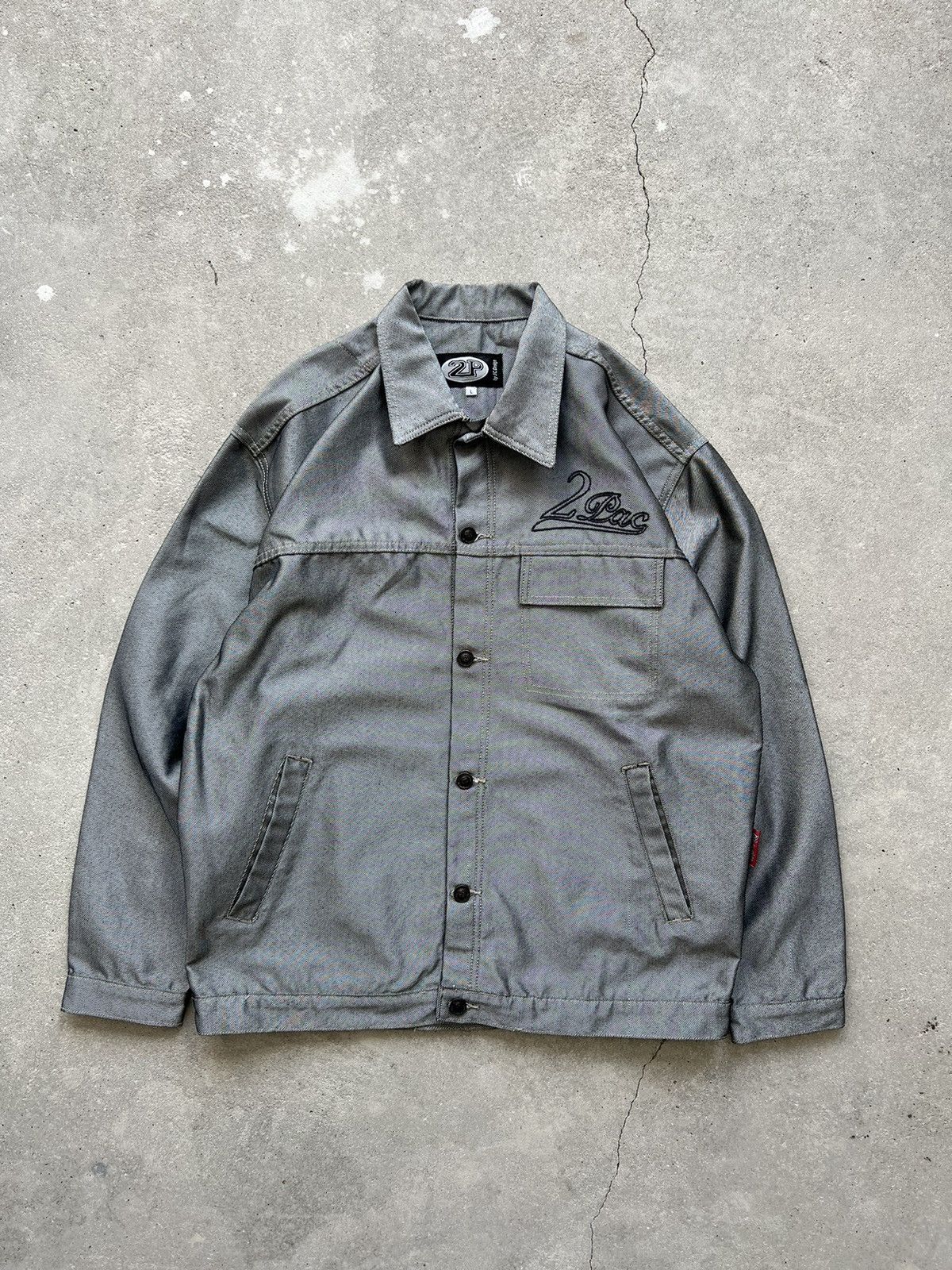 image of Vintage 2Pac Denim Jacket in Metallic, Men's (Size Large)