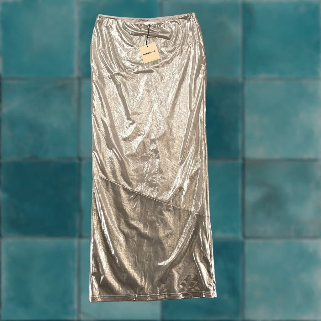 superdown VINTAGE Superdown Maxi Skirt Womens M Silver Metallic Satin Party Holiday Revolve Size 32" / US 10 / IT 46 - 1 Thumbnail