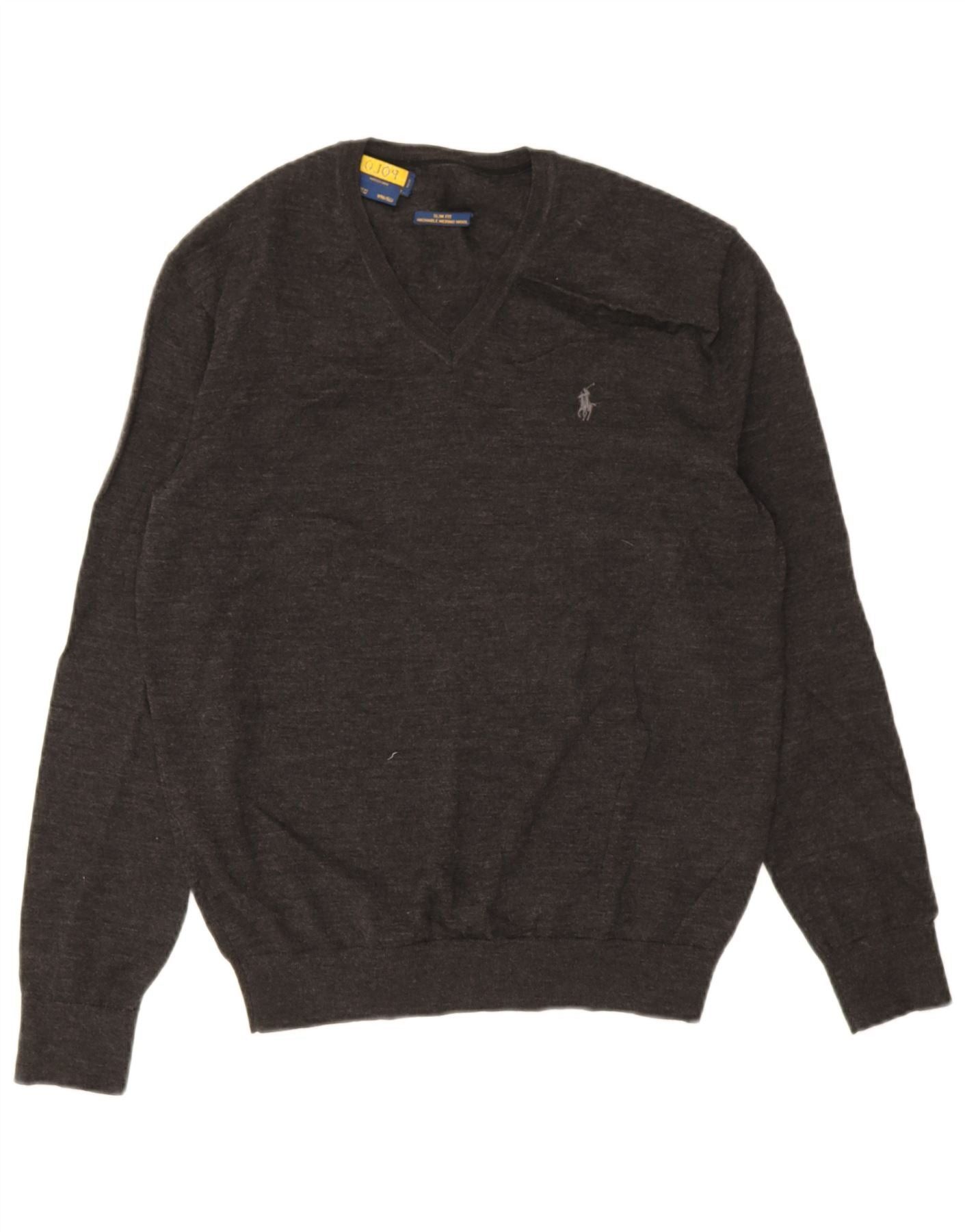 Polo Ralph Lauren Mens Slim Fit V-Neck Jumper Sweater Medium Grey Flecked Size US M / EU 48-50 / 2 - 1 Thumbnail