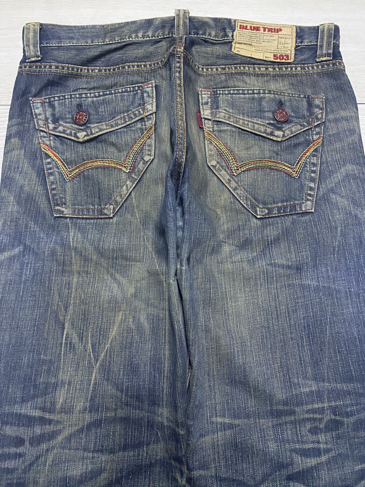 Junya Watanabe Vintage Edwin 503 Blue Trip Thunder Mud Wash Baggy Jeans Size US 36 / EU 52 - 4 Thumbnail