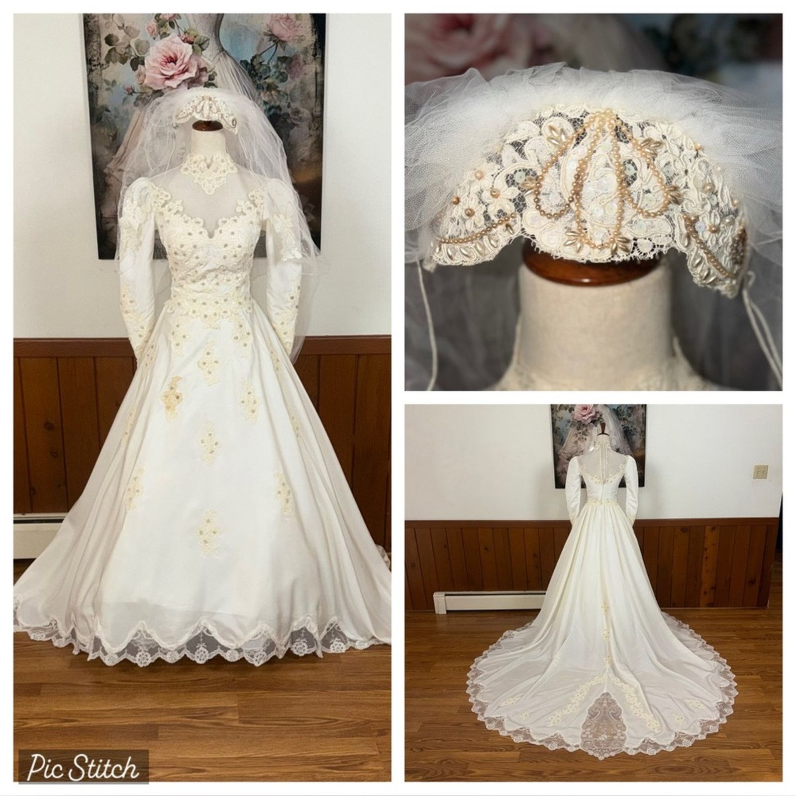 Vintage Beautiful Vintage 1980 Ivory Beaded Long Sleeve Wedding Gown Size M / US 6-8 / IT 42-44 - 1 Thumbnail