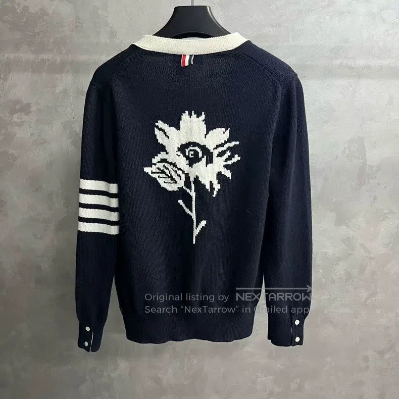 Thom Browne Thom Browne Blue striped floral jacquard V-neck knit sweat Size M / US 6-8 / IT 42-44 - 3 Thumbnail
