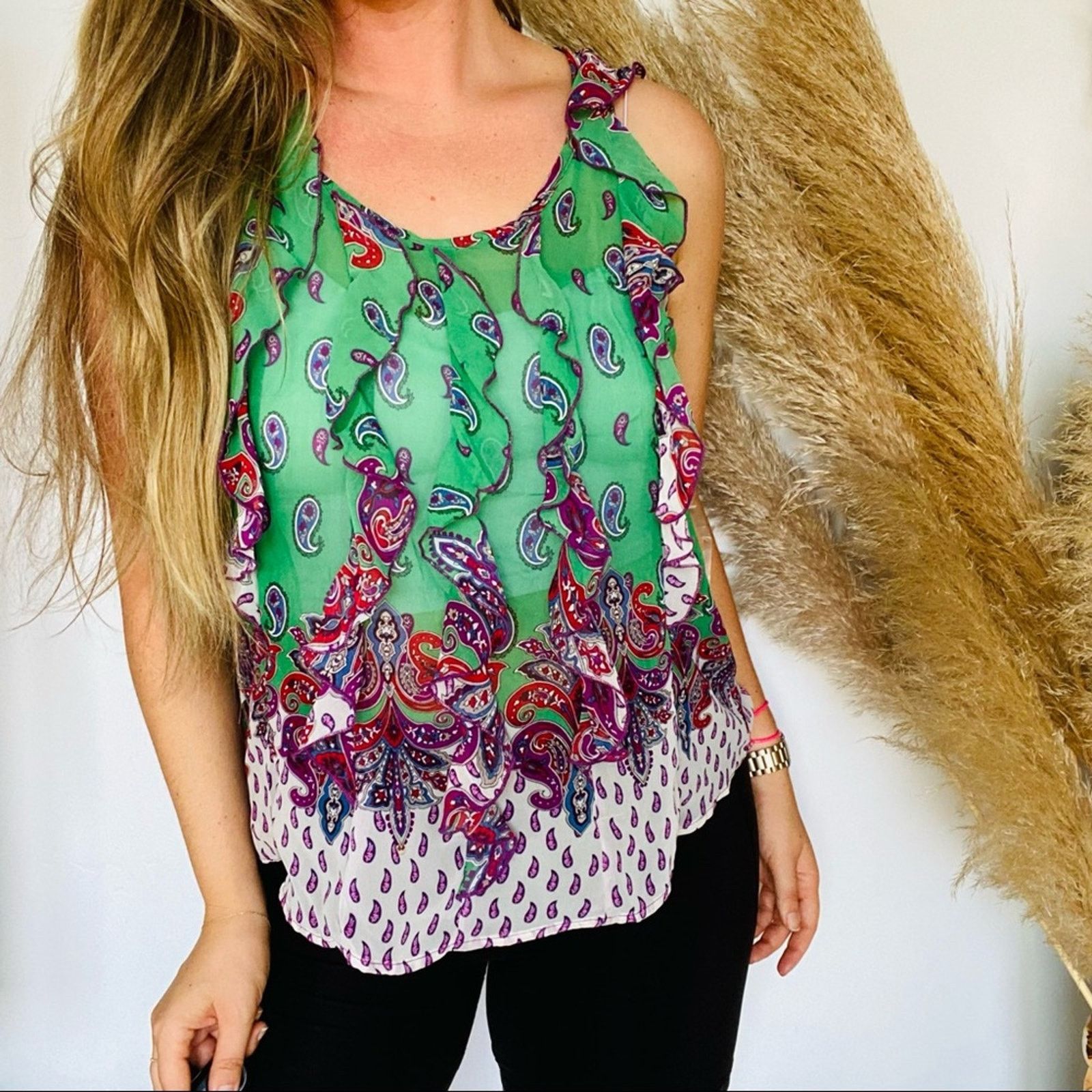 Vintage VINTAGE Green Purple White Ruffle Print Sheer Tank Blouse Size L / US 10 / IT 46 - 1 Thumbnail