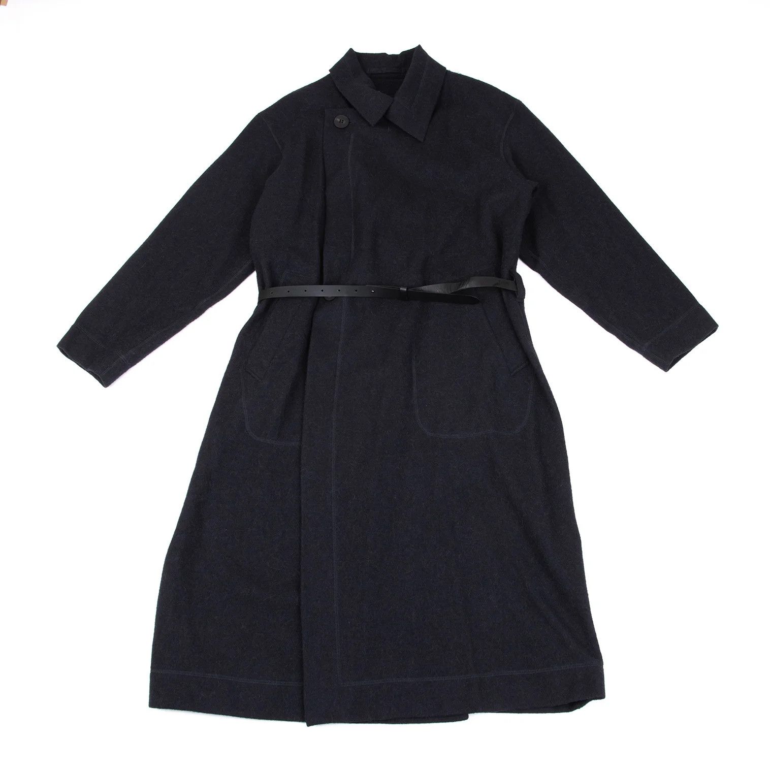 Issey Miyake Alpaca Wool Leather Belted Long Gown Coat in Navy Size US M / EU 48-50 / 2 - 1 Thumbnail
