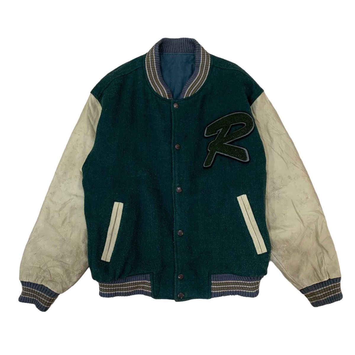 image of Vintage Homme Image Letterman Wool Leather Varsity Jacket in Dark Green, Men's (Size Medium)