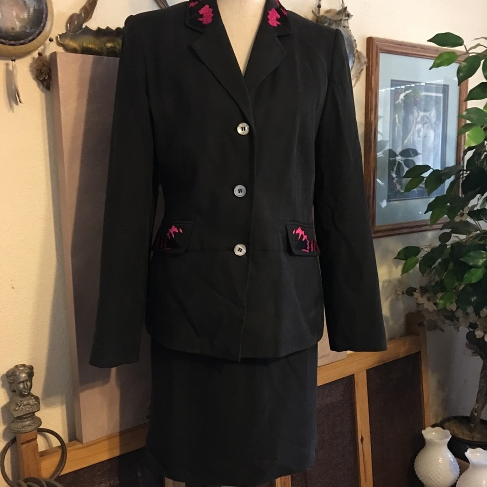 image of Milano Black Silk Pink Embroidery Skirt Suit, Women's (Size Medium)