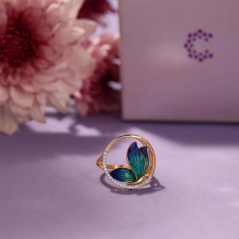 Designer Handmade Blue Epoxy Butterfly Gold Enamel Ring - Size 7 Size ONE SIZE - 8 Thumbnail