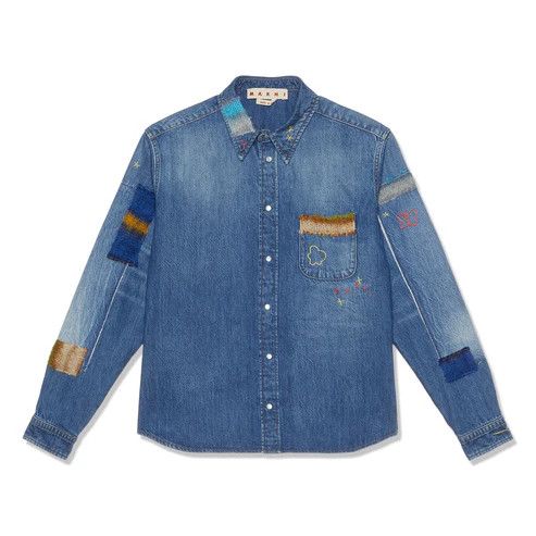 Marni o1w1db1em1224 Mohair Patchwork Denim Shirt in Blue Size US M / EU 48-50 / 2 - 1 Thumbnail
