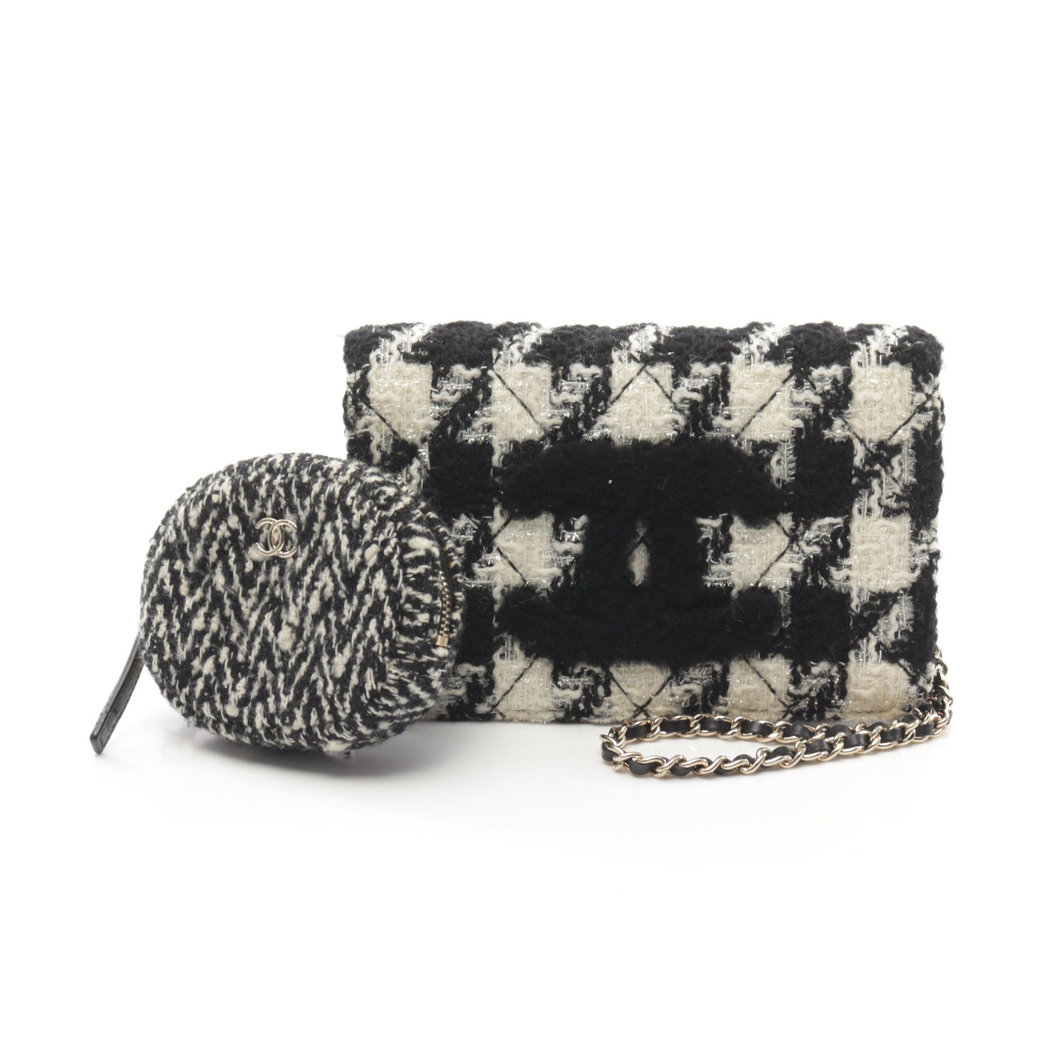 Chanel Chanel Coco Mark Chain Wallet Houndstooth Tweed Black White Gold Hardware Size ONE SIZE - 1 Thumbnail