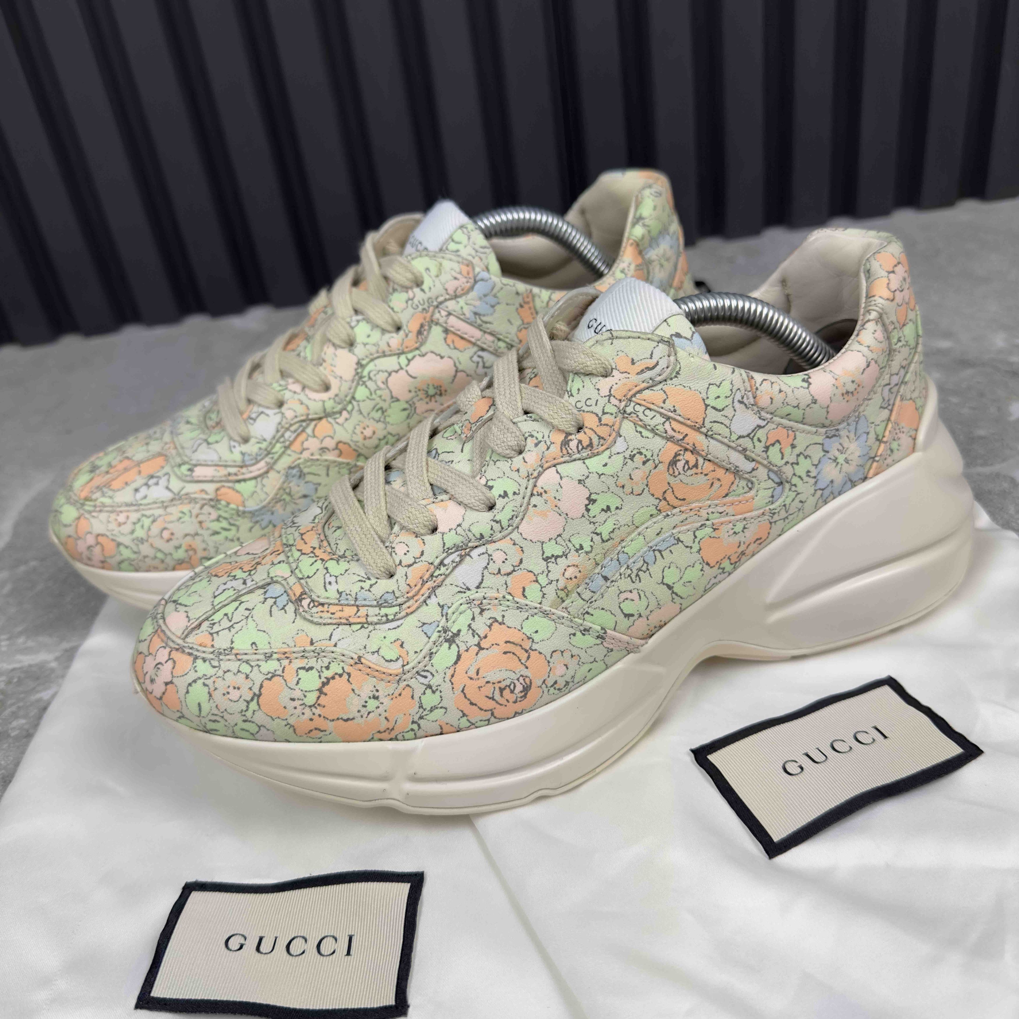 GUCCI Liberty Rhyton Floral Canvas Sneaker Leather