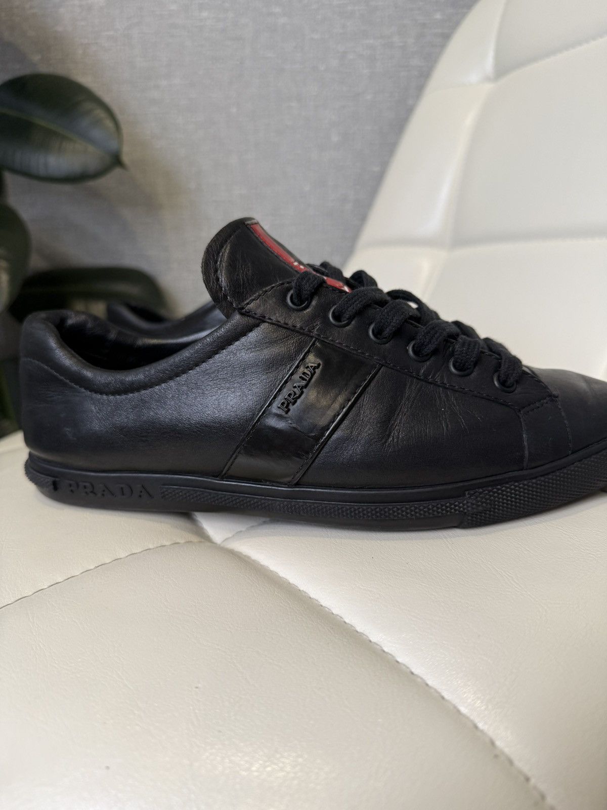 Prada Prada Black Leather Low-Top Sneakers with Red Stripe Logo Size US 7 / IT 37 - 11 Thumbnail