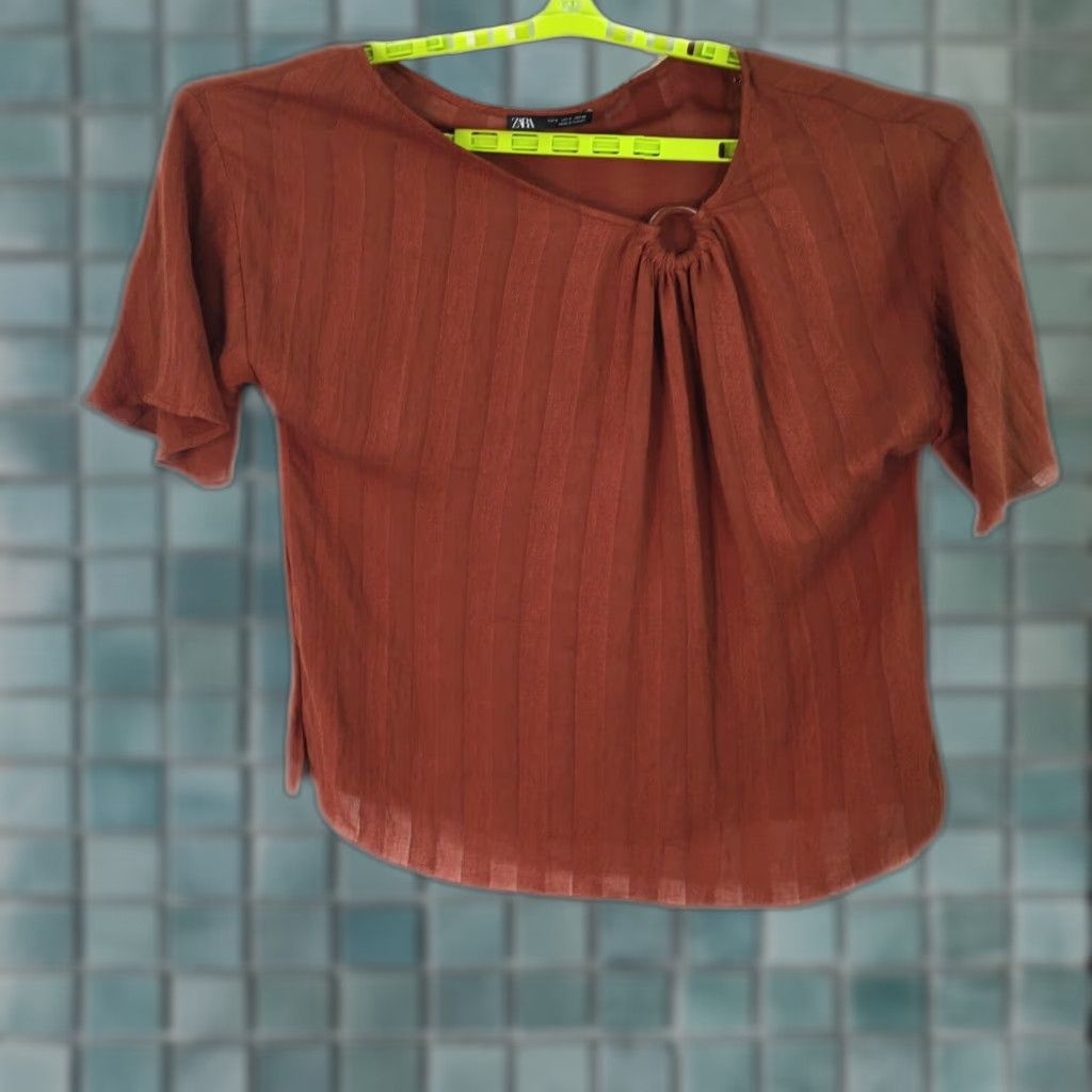 Zara Zara Womens Striped Blouse Top Rust Brown Short Sleeve Crew Neck Size Small Size S / US 4 / IT 40 - 1 Thumbnail