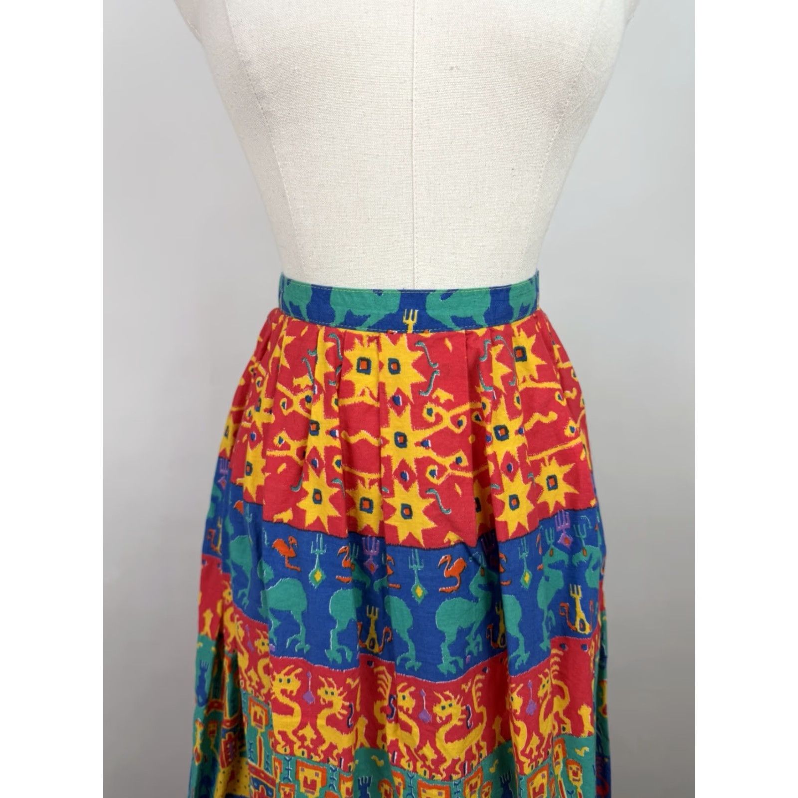 VINTAGE Claude Skirt Maxi Women's S Red Geometric Pleated 80s 90s Art Southwestern Western All Seasons Pockets High Rise Cotton Vintage 12