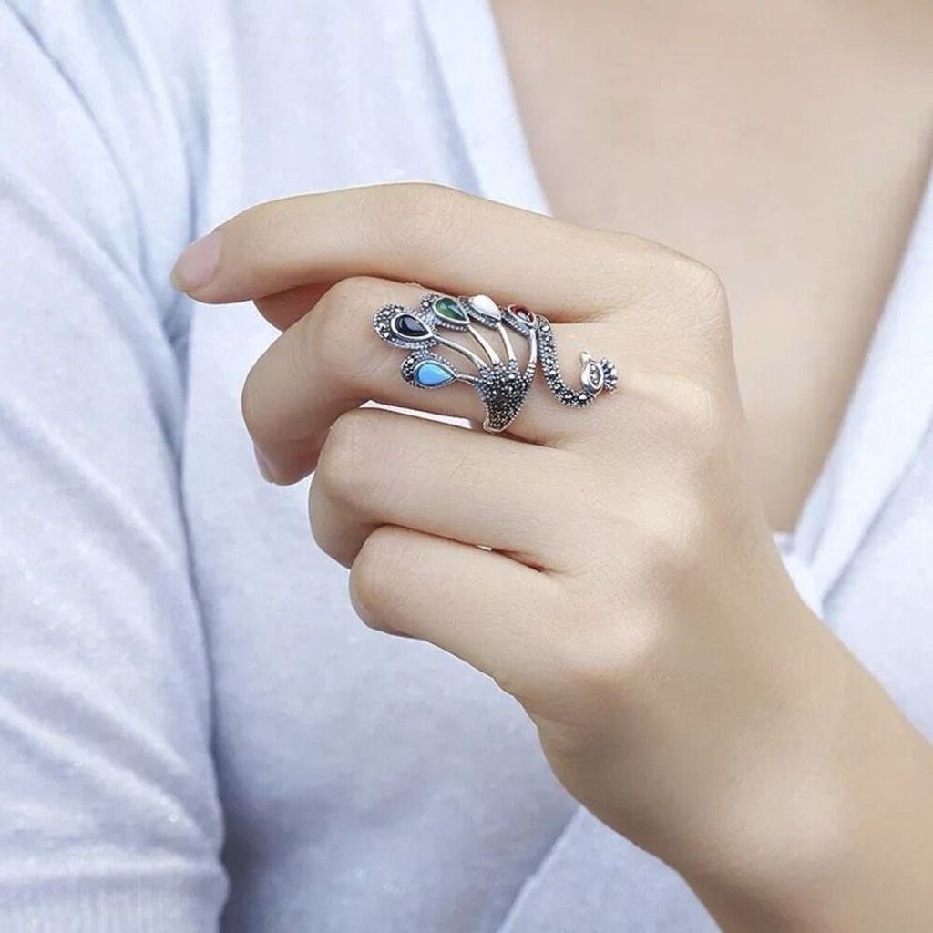 Other Natural Multi Stone Peacock Silver Adjustable Ring Size ONE SIZE - 3 Thumbnail