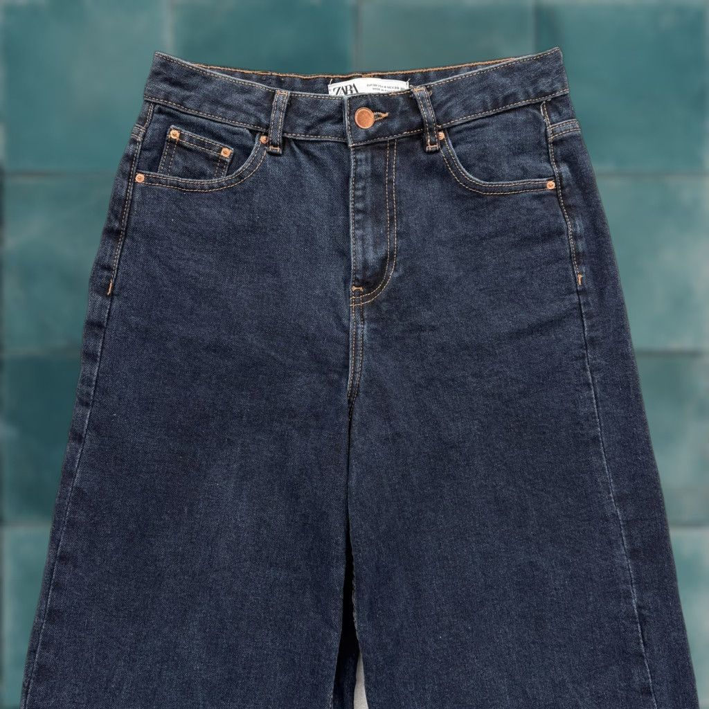 Zara Zara Jeans Womens 4 Blue High Rise Wide Leg Cropped Raw Hem Denim Distressed Pockets Boho Streetwear Girls/Womens Size 27" / US 4 / IT 40 - 1 Thumbnail