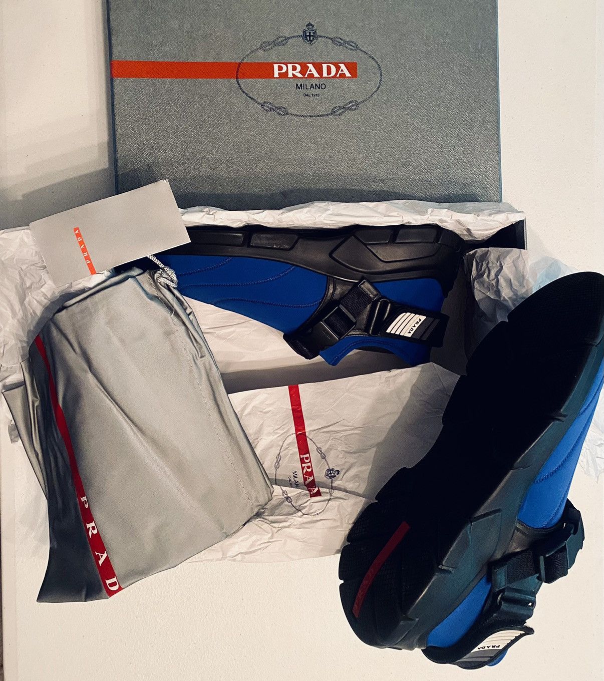 Prada Prada 🇮🇹 Bluette/Nero Neoprene 6 Metal Techno Sneakers 9 NEW Size US 9 / EU 42 - 4 Thumbnail