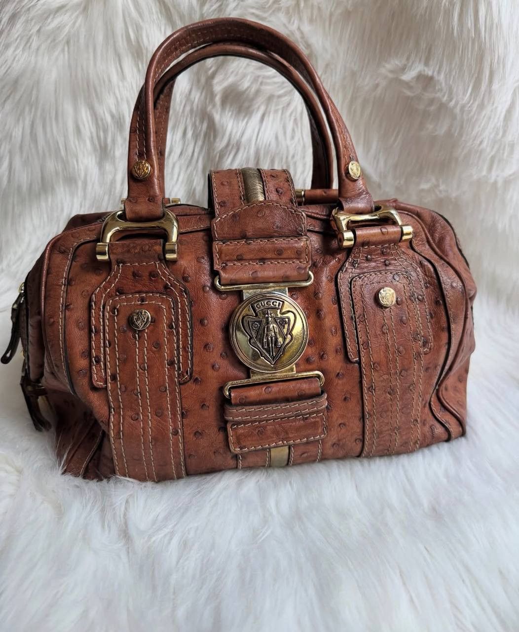 Gucci Gucci Ostrich Leather Speedy Brown Handle Bag Size ONE SIZE - 1 Thumbnail