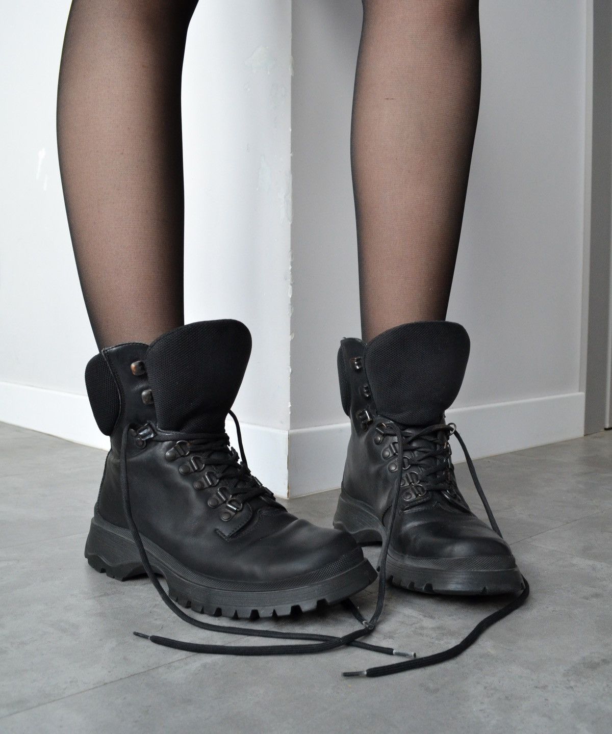 All Blacks x Prada Boots Leather Logo Biker Moto Tractor Shoes Size 38 in Black, Women's