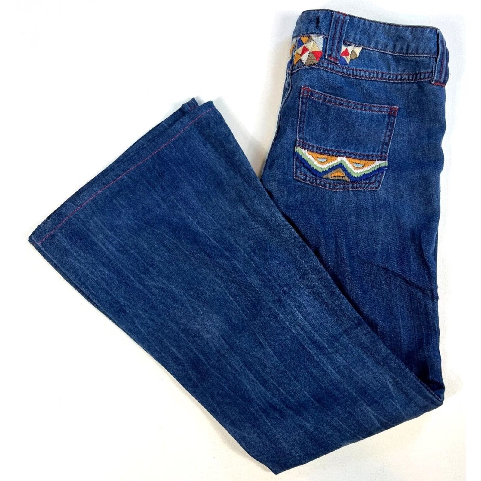 Free People VINTAGE Women's Free People Flare Jeans Boho Embroidered Sz 25 Blue Cotton Denim 31in Inseam Womens Baggy Flared Bohemian 25 Jeans Size 42" / US 20 - 3 Thumbnail
