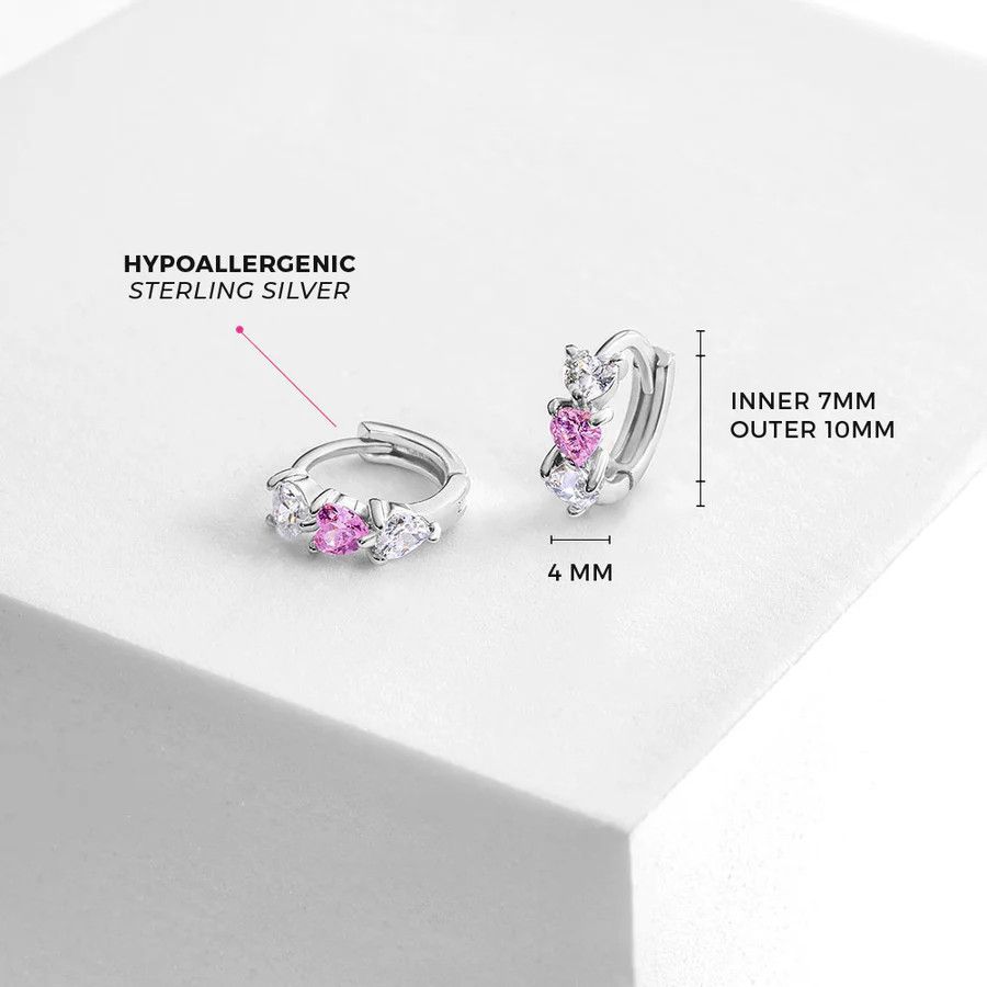 Other Cascading CZ Heart Hoop Pink 7mm Earrings - Sterling Silver Size ONE SIZE - 2 Thumbnail