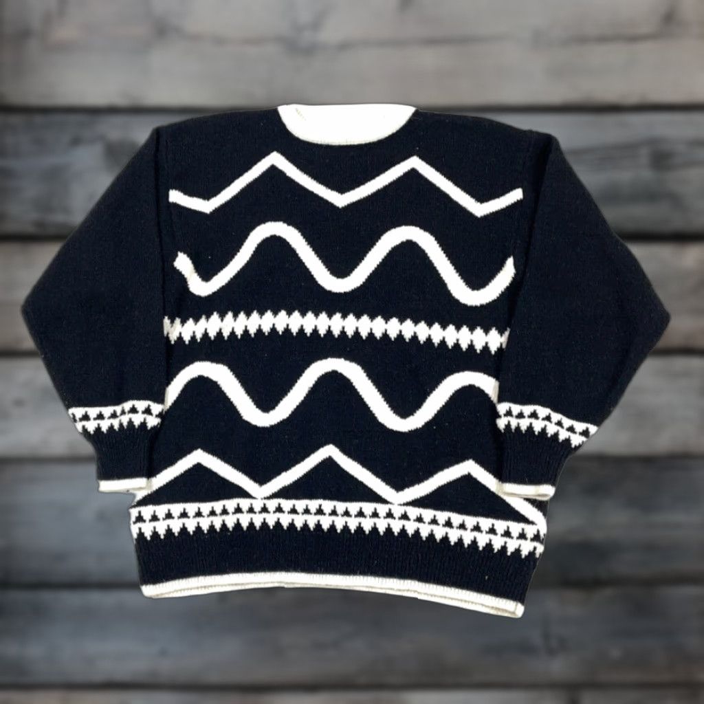 Liz Claiborne VTG 90s Geometric Abstract Sweater Women Large Black Ivory Liz Claiborne Pullover Knit Crew Neck Long Sleeve High Fashion Retro Hipster Size L / US 10 / IT 46 - 1 Thumbnail