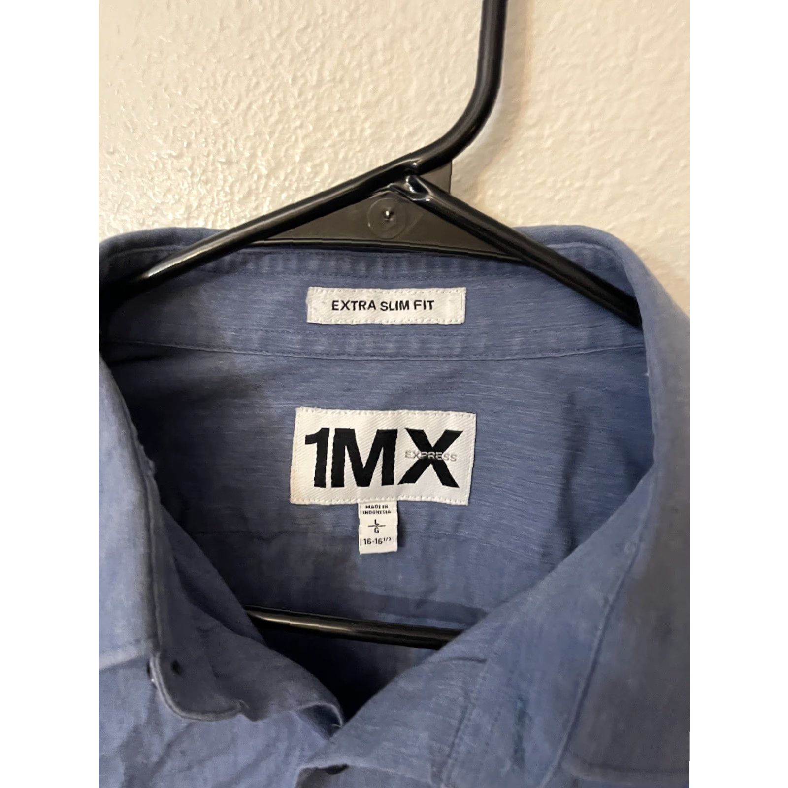 Express Express 1MX Extra Slim Fit Solid Dress Shirt Adult Large Blue Business Casual Mens Size 42R - 3 Thumbnail