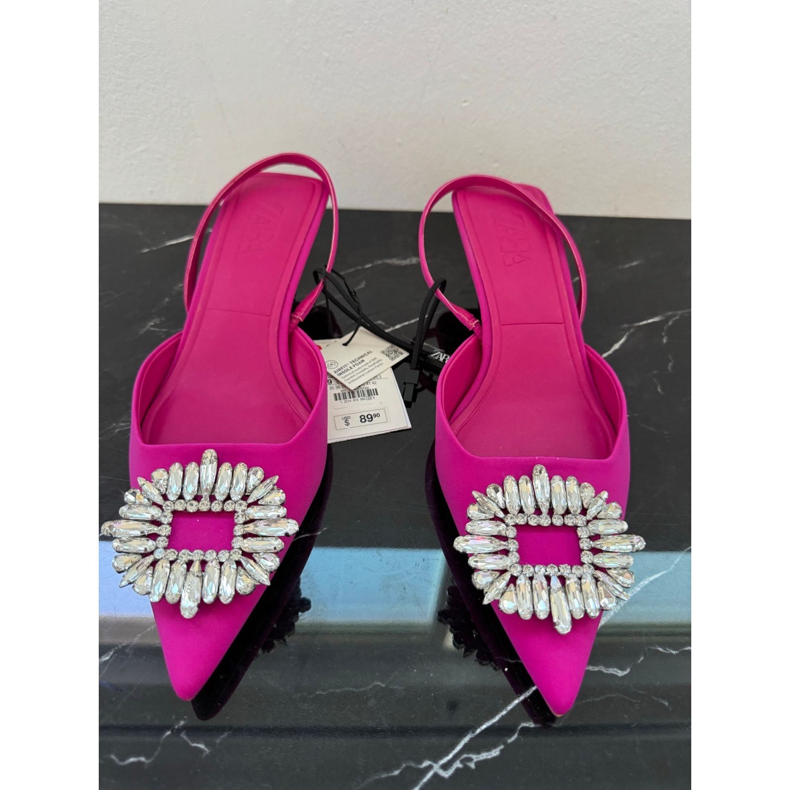 Zara Zara Hot Pink Rhinestone Pointed Toe Slingback Kitten Heel Size US 9 / IT 39 - 6 Thumbnail