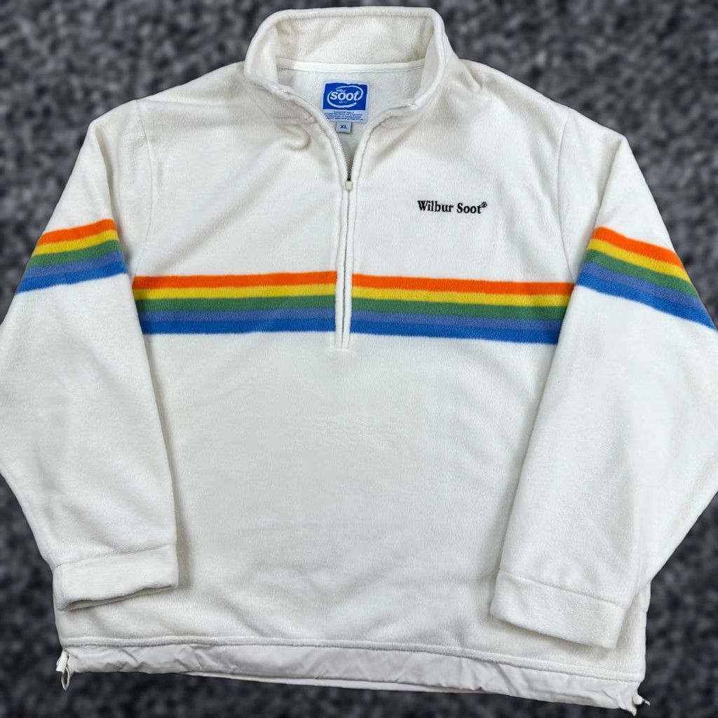 VINTAGE Wilbur Soot Half Zip Fleece Mens XL White Polaroid Rainbow Oversized Pull Over