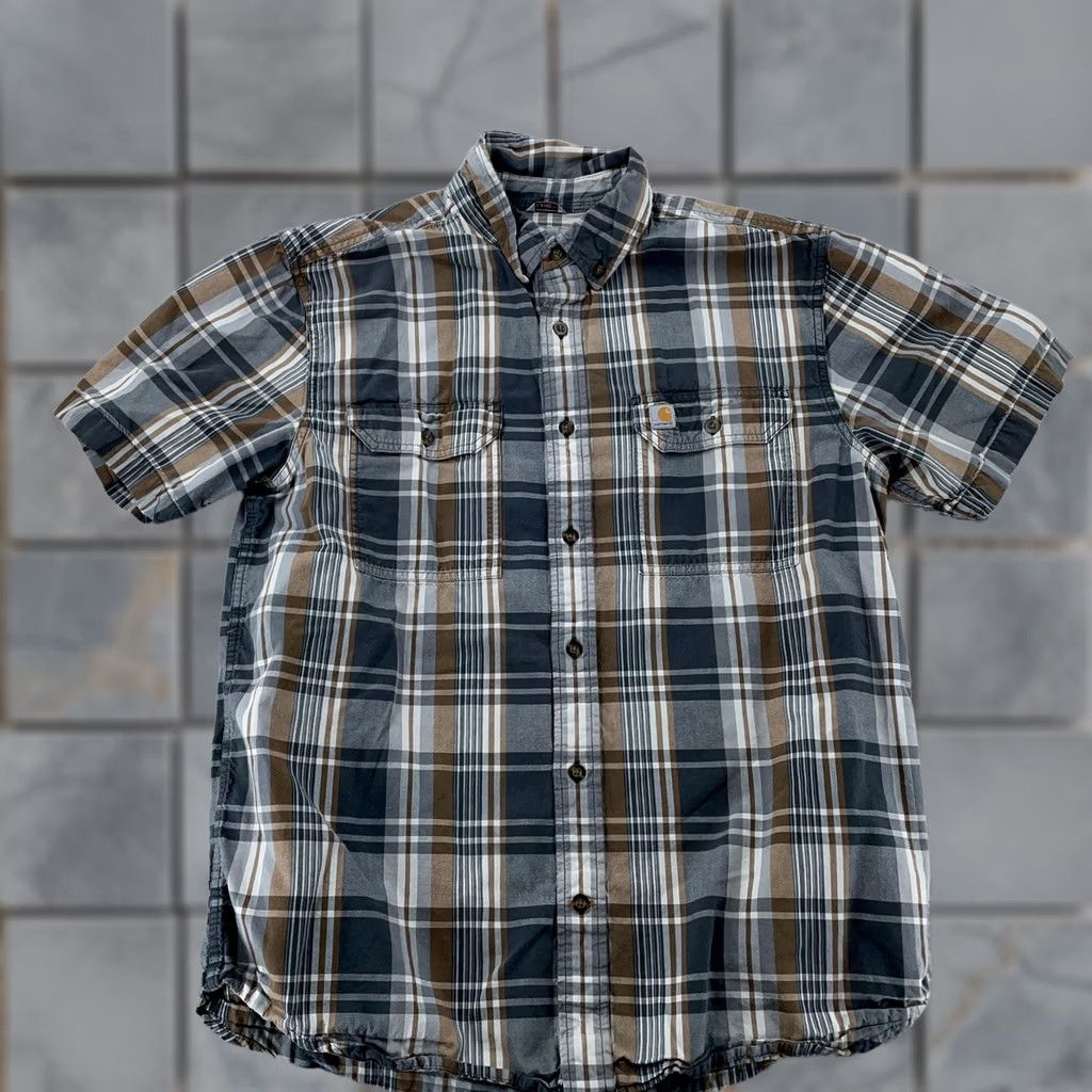 Carhartt Carhartt Shirt Mens Large Plaid Short Sleeve Button-Down Cotton Multicolor Final Shadow Brown Gray Size US L / EU 52-54 / 3 - 1 Thumbnail