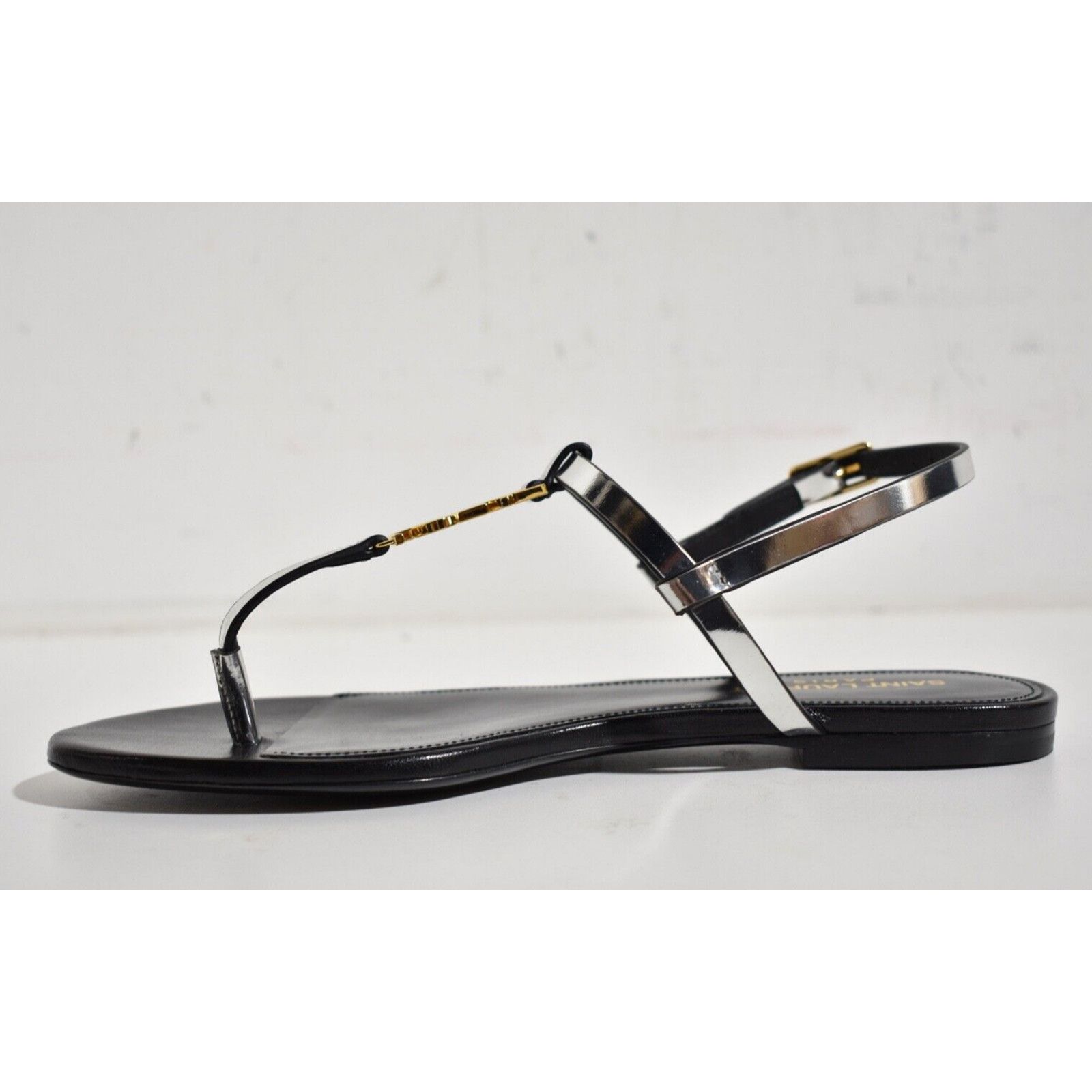 Yves Saint Laurent Saint Laurent YSL Logo Cassandra Iota 05 Silver Black Thong Size US 8 / IT 38 - 9 Thumbnail