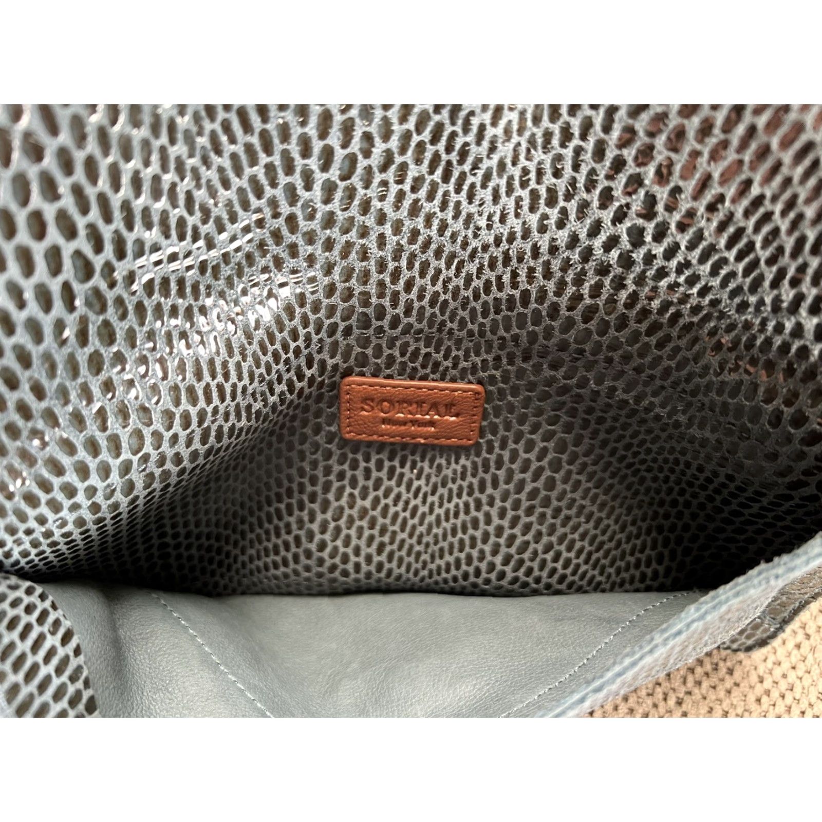 Vintage **SORIAL Coco Rubina Denim Snake Embossed Leather Clutch** User: **SORIAL Coco Rubina Denim Snake Embossed Leather Medium Clutch** Size ONE SIZE - 5 Thumbnail