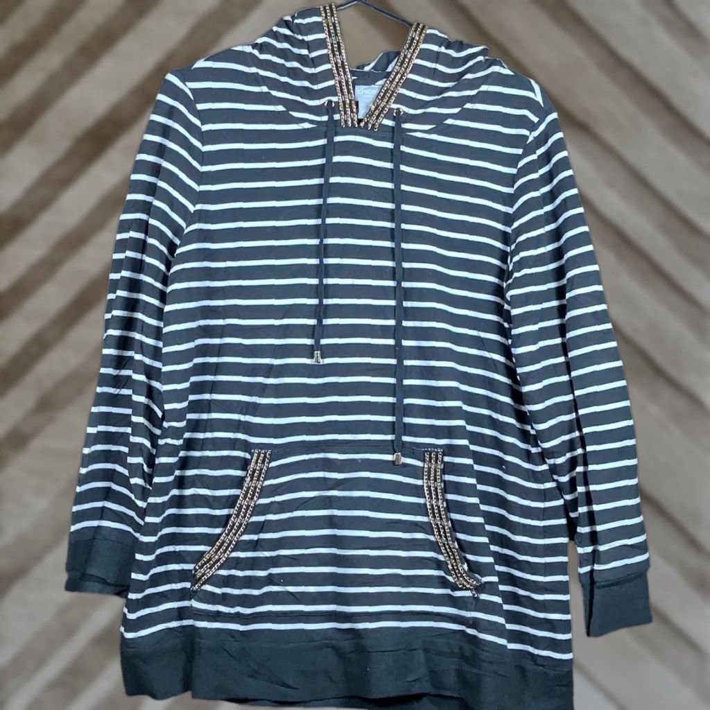 Vintage Zenergy by Chico's Women Sweater Black White Striped Chain Accent Knit Pullover Regular 4 XS? No, 4 Size S / US 4 / IT 40 - 1 Thumbnail