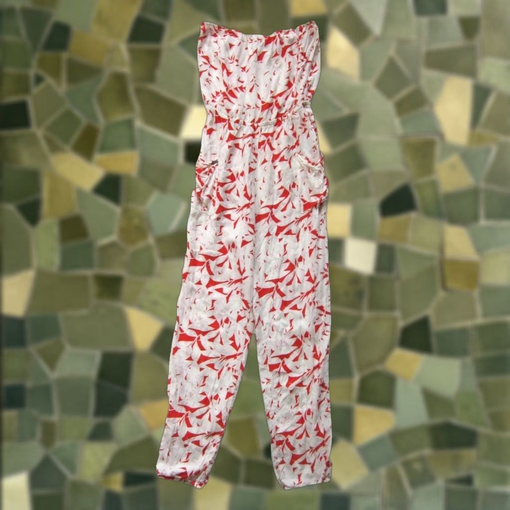 Vintage Roxy Romper Women XS Red Ivory 100% Rayon Strapless Geometric Pocket Jumper Size XS / US 0-2 / IT 36-38 - 1 Thumbnail