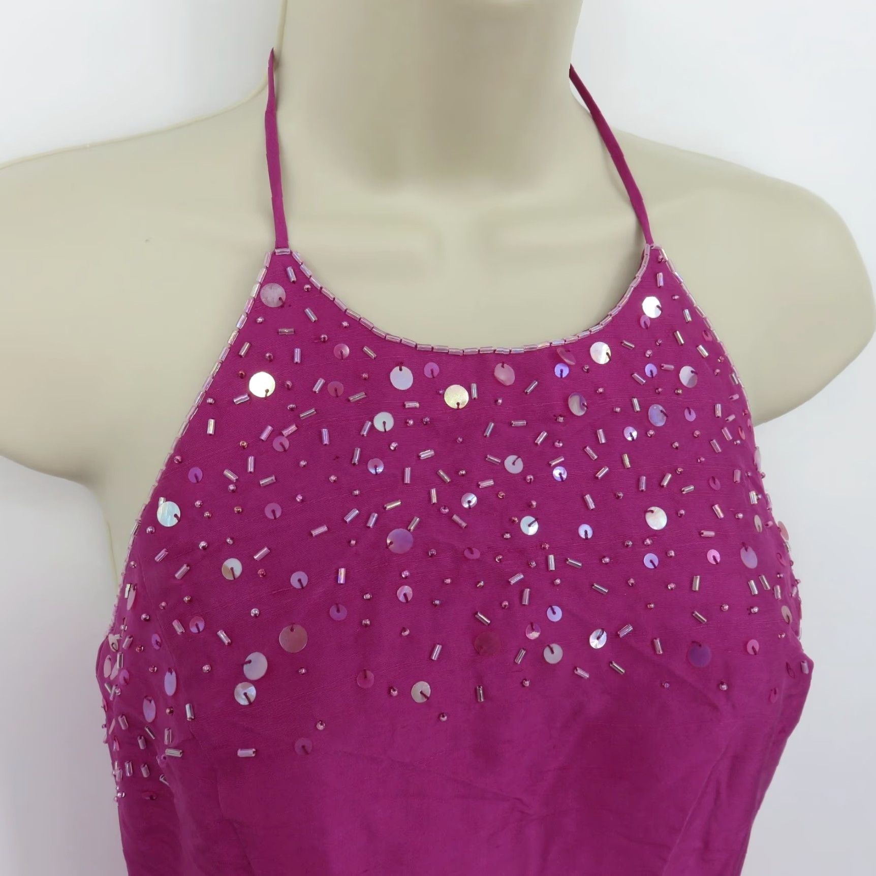 Ann Taylor VINTAGE Ann Taylor Women Petite 4P Pink Crinkle Silk Beaded Sequin Halter Sheath Dress Shirt Dress? Size S / US 4 / IT 40 - 3 Thumbnail