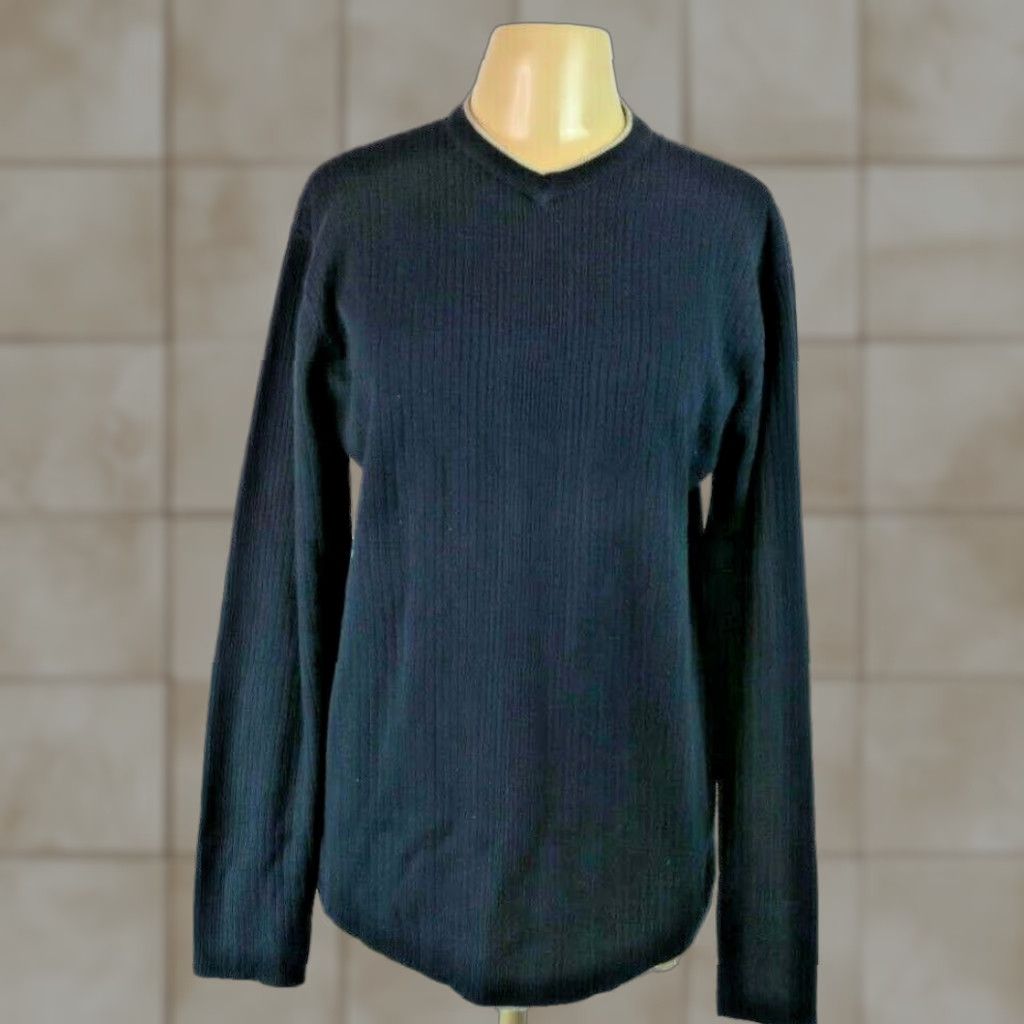 VTG Quiksilver V-Neck Surf Sweater Mens M Blue Stripe 90s 90s Logo Ribbed Long Sleeved