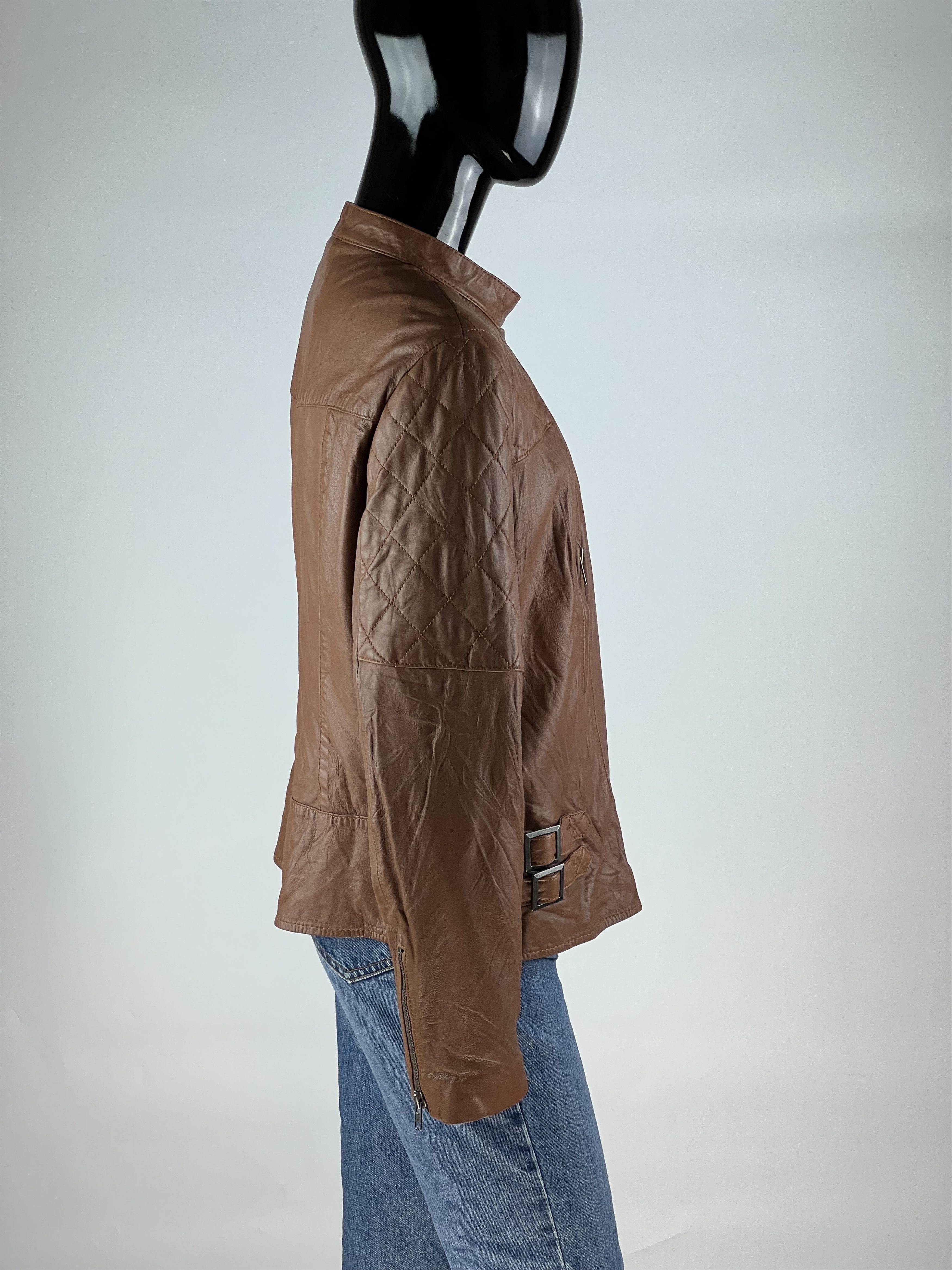 Designer Ibana Women's Brown Leather Biker Jacket Size 46 Size L / US 10 / IT 46 - 2 Thumbnail