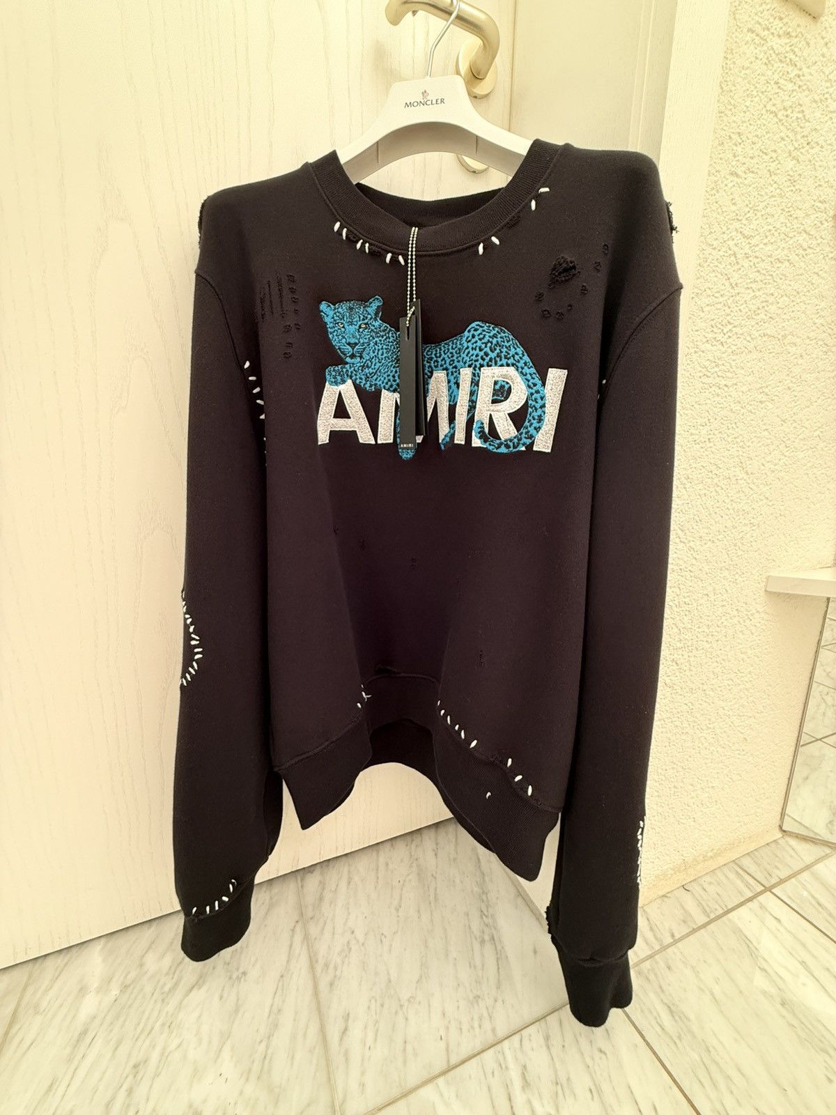 Amiri Logo Sweatshirt Crewneck Distressed Leopard Black M