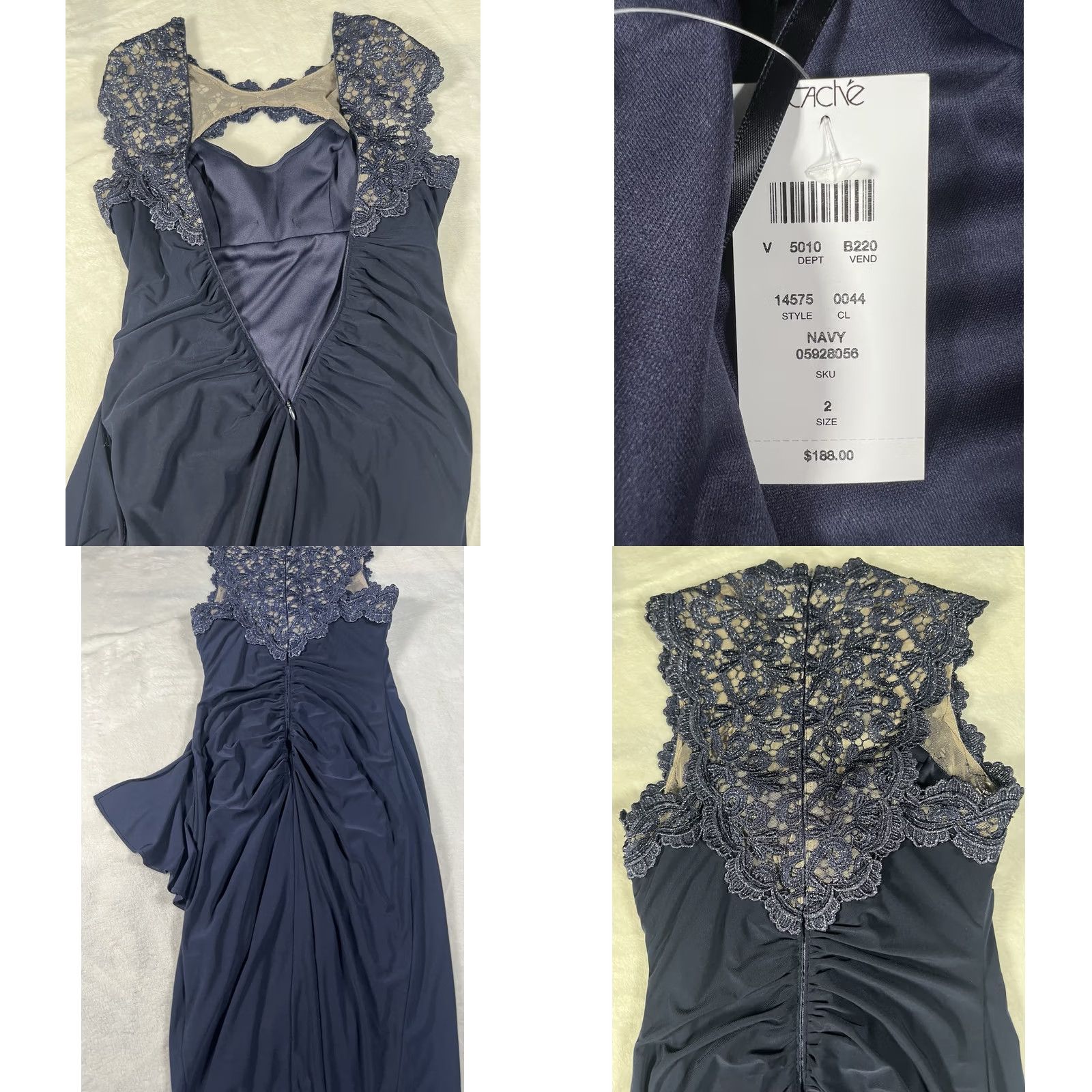 Vintage Cache' Navy Blue Net & Lace Key Hole Midi Dress - Sleeveless Ruched Waist Formal 2 NWT 14575 Size XS / US 0-2 / IT 36-38 - 9 Thumbnail