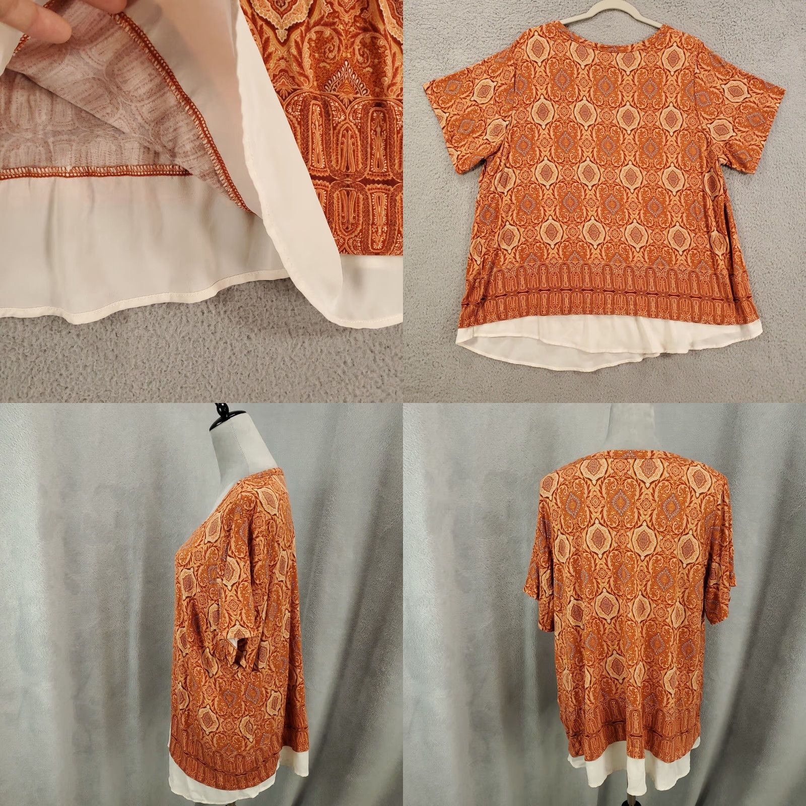 Vintage Womens Blouse 2X Orange Chiffon Trim Stretch Layered Look Top Geometric Rose And Olive Blouse Shirt Casual Womens 2X Orange Geometric Bohemian style Size XXL / US 16-18 / IT 52-54 - 8 Thumbnail