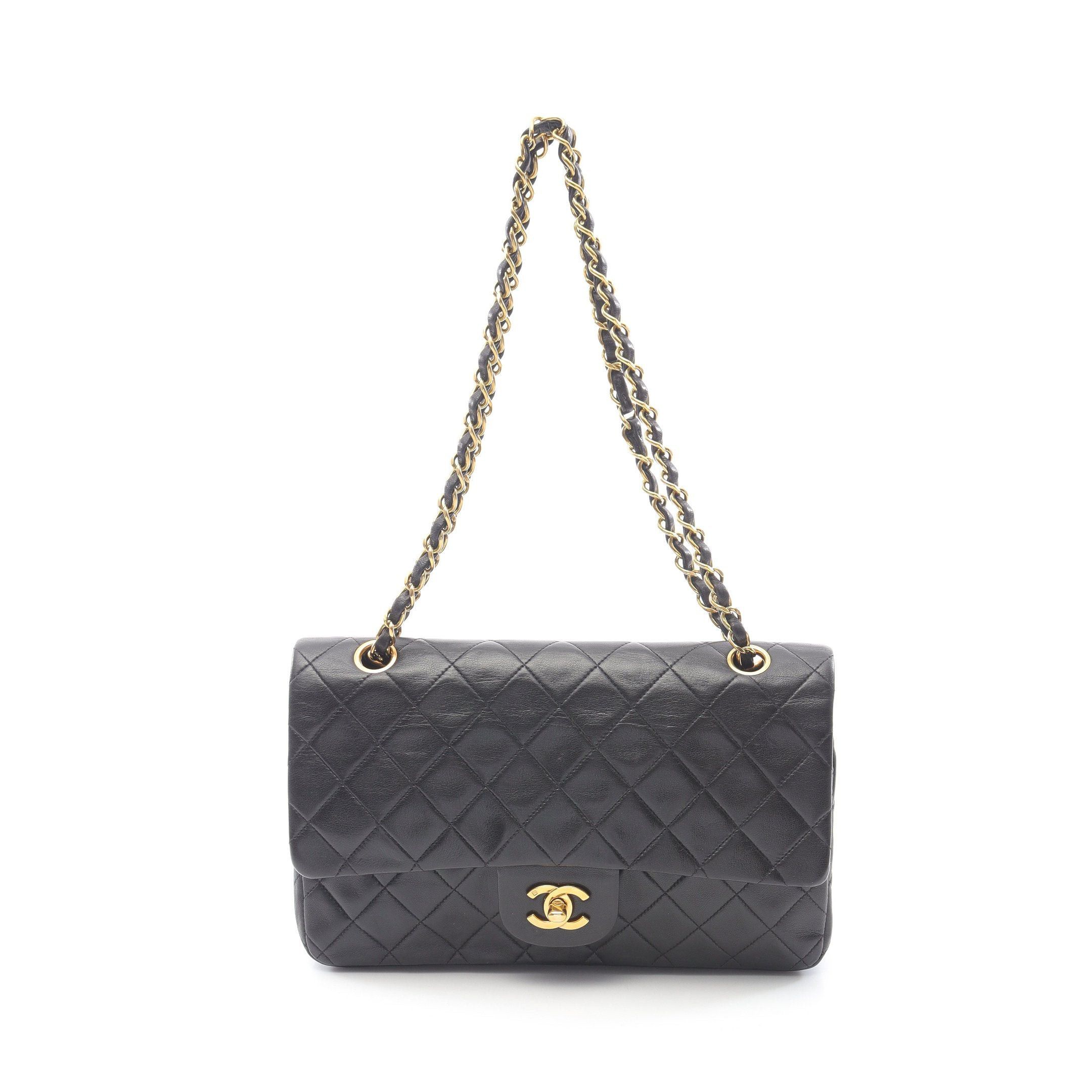 Chanel Matelasse Double Flap Chain Shoulder Bag Lambskin Black Gold Hardware, Women's