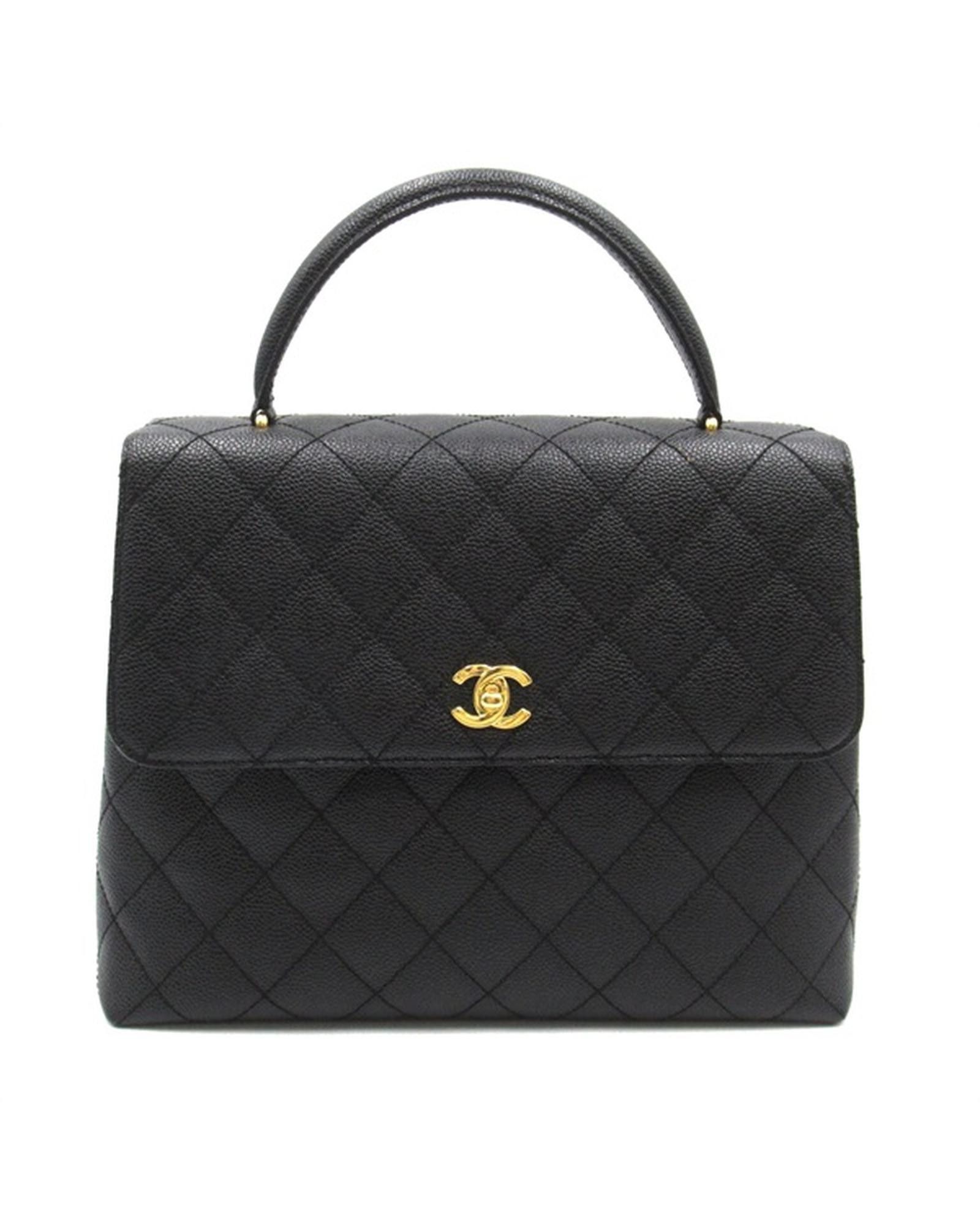 image of Black Caviar Leather Kelly Handbag With Chanel Cc Logo, Women's
