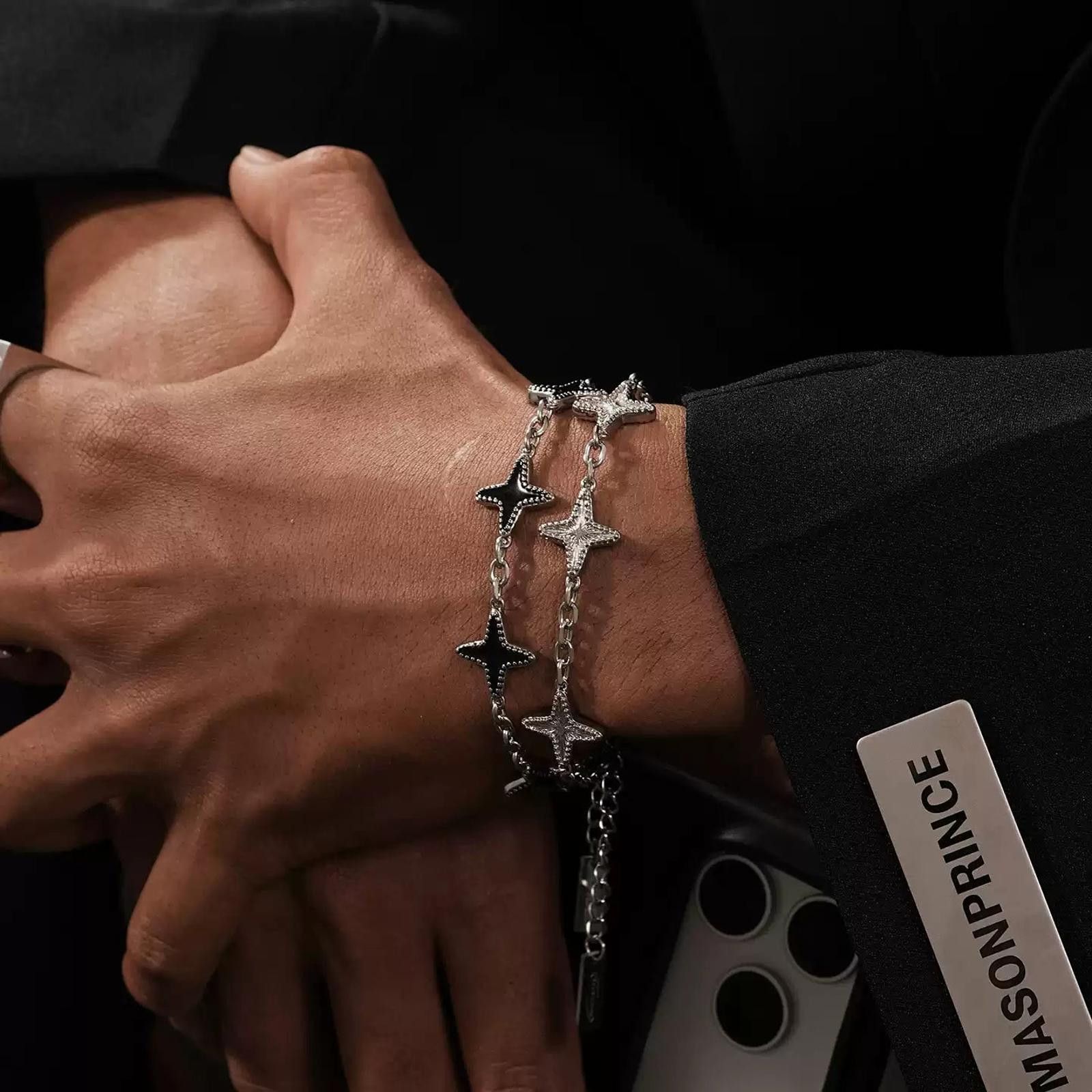Jewelry Silver and Black Star Link Chain Bracelet, Men's Accessory Size ONE SIZE - 2 Thumbnail